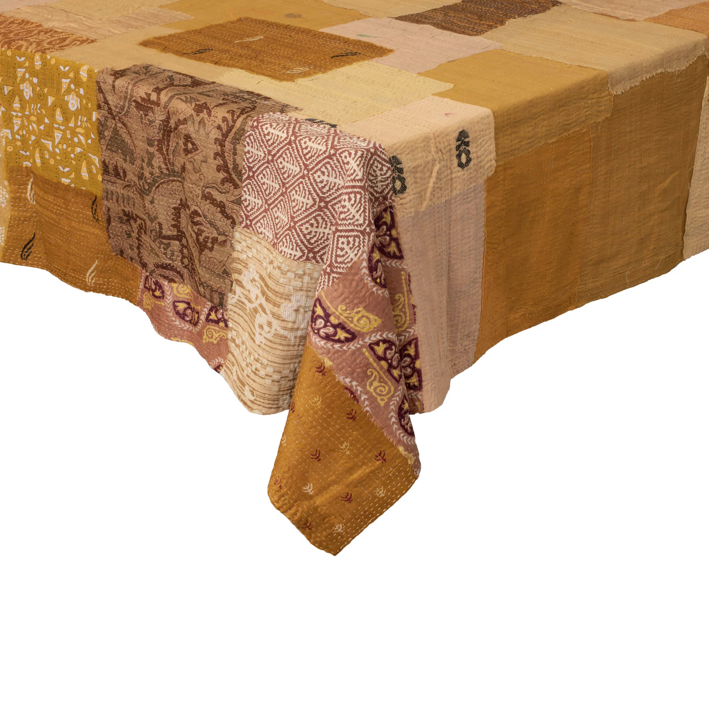 Printed Fray Vintage Cotton Kantha Table Cover -Golden-