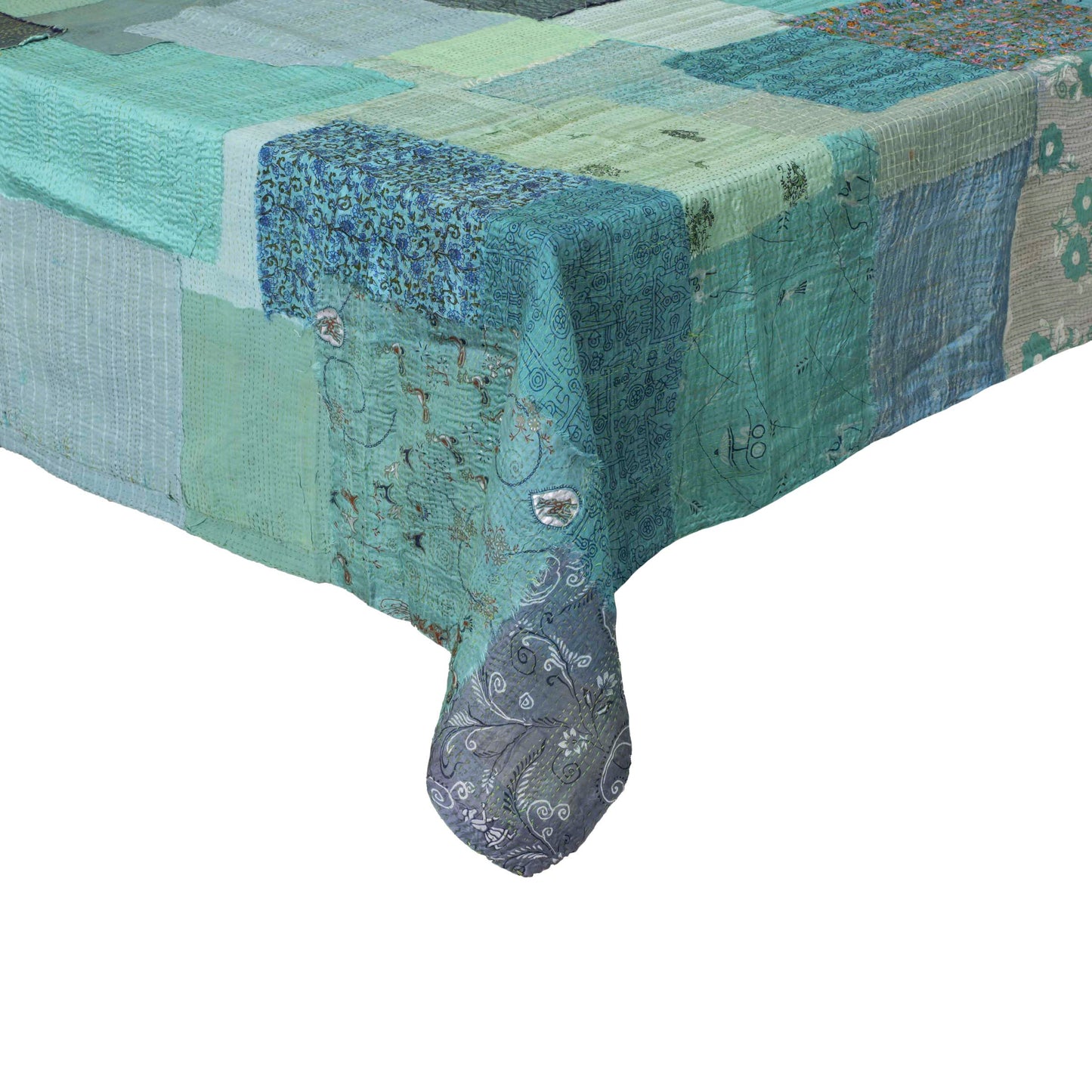 Printed Fray Vintage Cotton Kantha Table Cover -Sage-