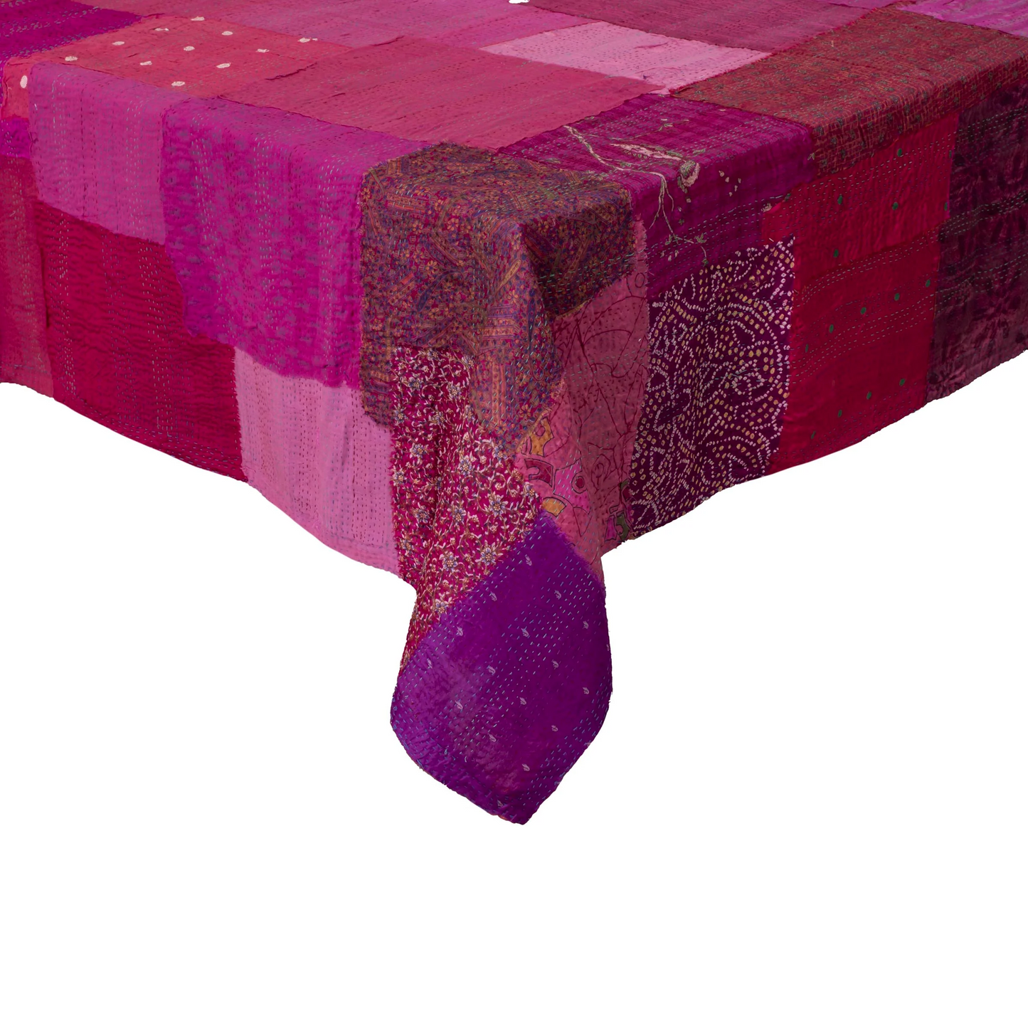 Printed Fray Vintage Cotton Kantha Table Cover -Pink-