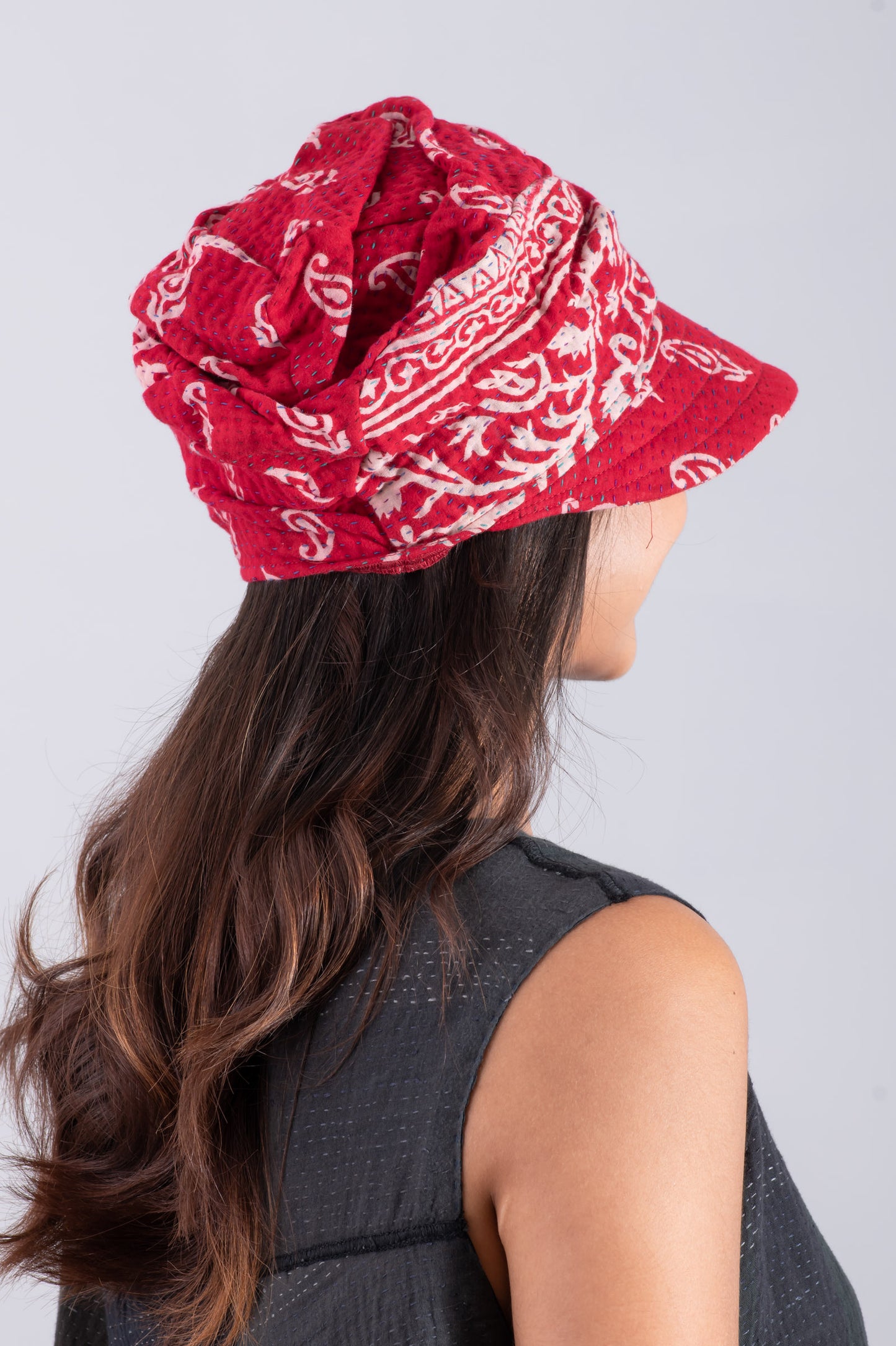VINTAGE COTTON KANTHA HALF BRIM HAT - cv4881-red -