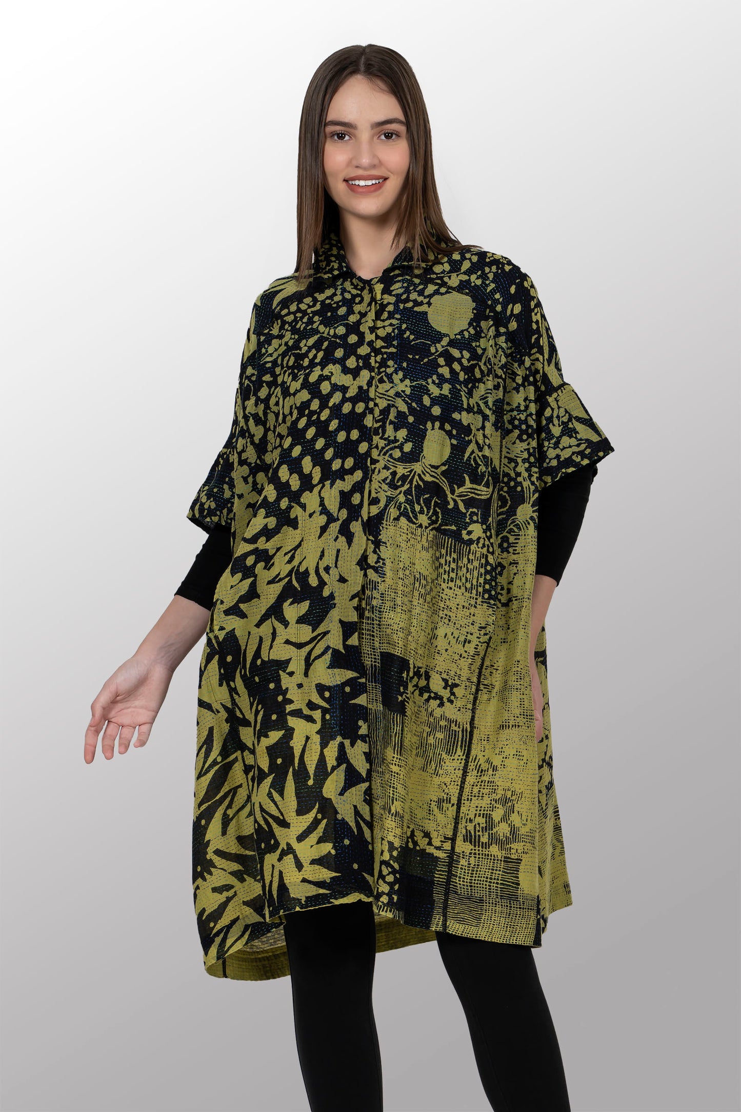 MONOTONE TWILIGHT PRINT KANTHA WIDE SHIRT DRESS - tp2448-cha -