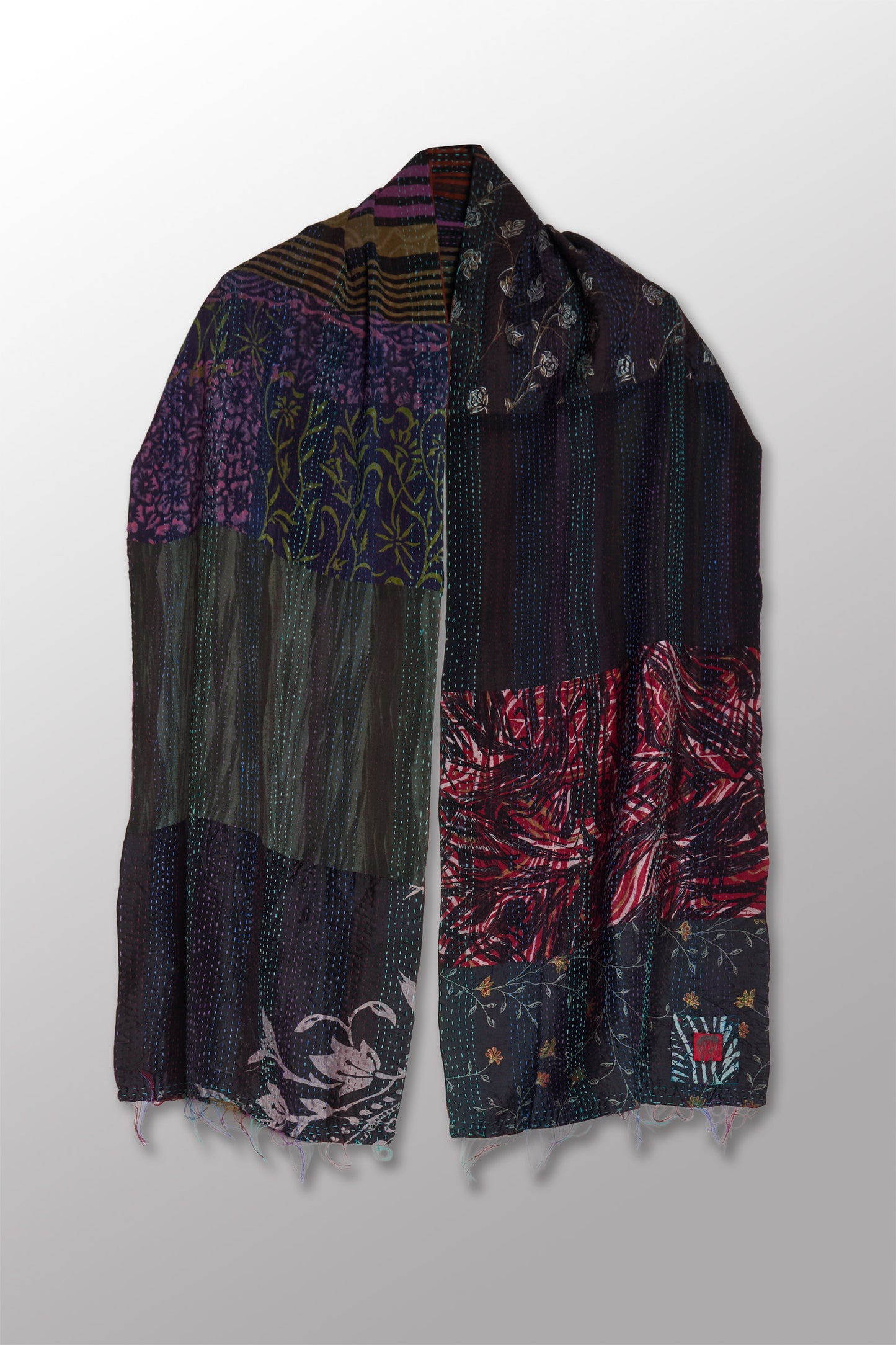GEORGETTE VINTAGE SILK PATCH KANTHA SCARF SHORT - gs2805-blk -