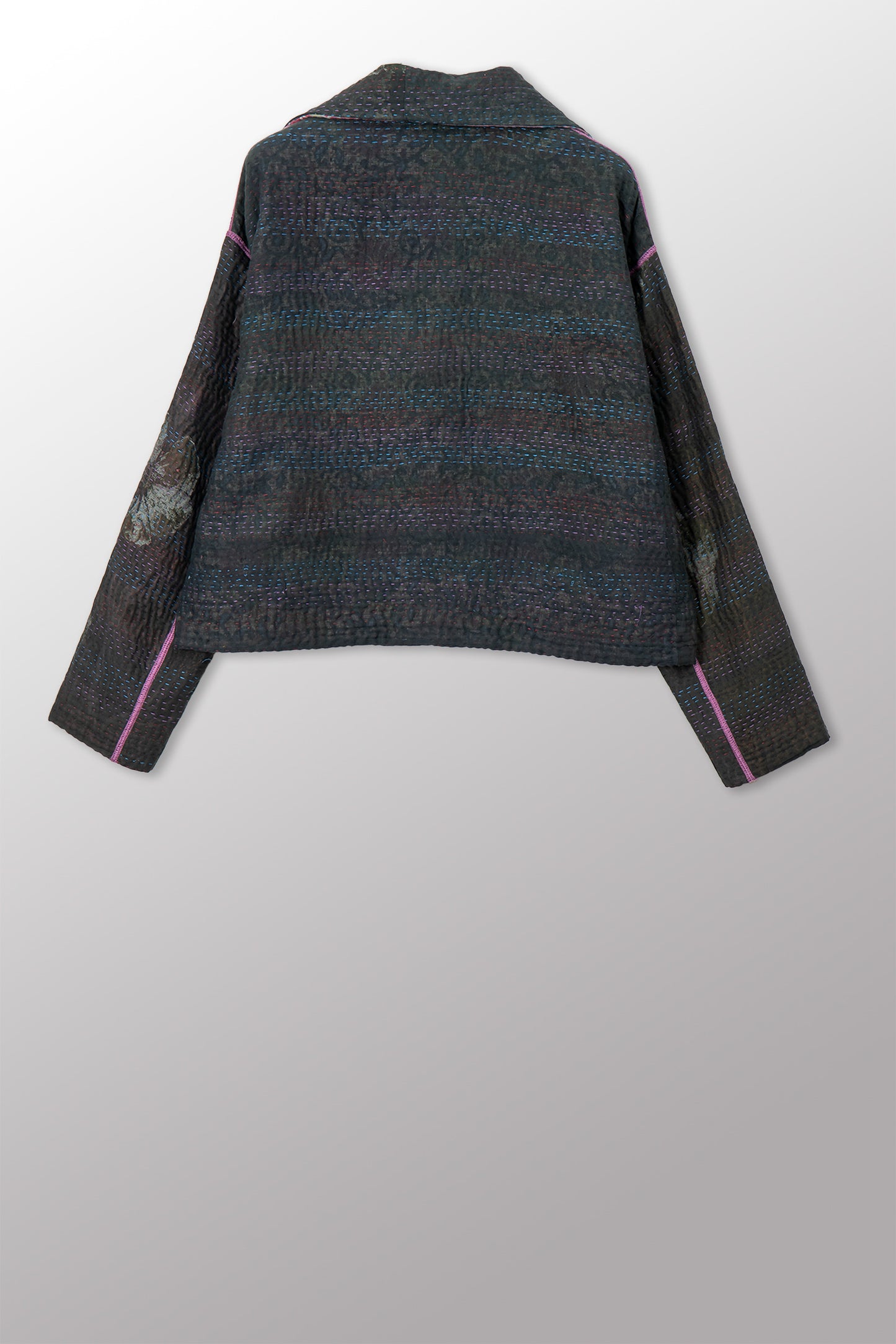 VINTAGE COTTON GREY CLAMP TIE DYE KANTHA NEW LAPELED SHORT JACKET - su4j101-0001s -