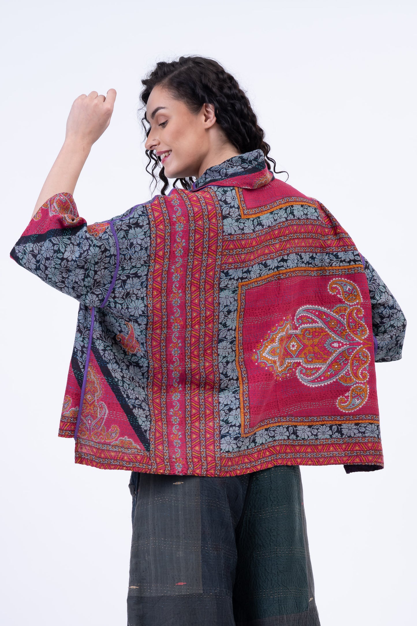 VINTAGE SILK GEORGETTE COTTON KANTHA COWL NECK PONCHO - gc2061-0003a -