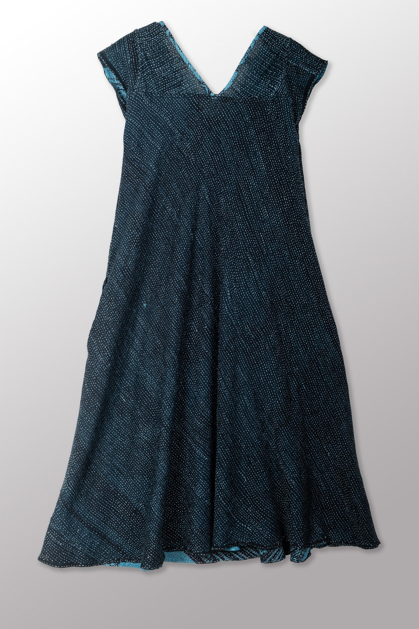 OVERDYED COTTON PAISLEY KANTHA CAP SLV. FLARE DRESS - ov-cp2425-blu -