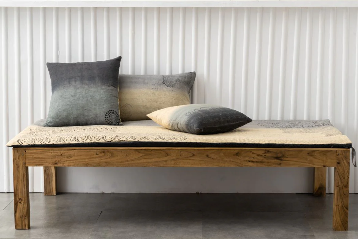 Vintage Fray Patch & Ombre Kantha Day Bed Mattress Cover -Yellow Stone -