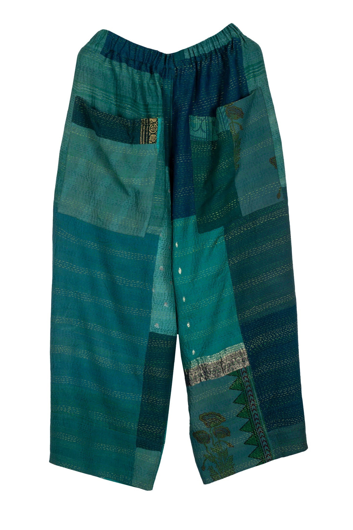COTTON SILK SW PATCH KANTHA BAGGY PANTS - ws2642-tel -