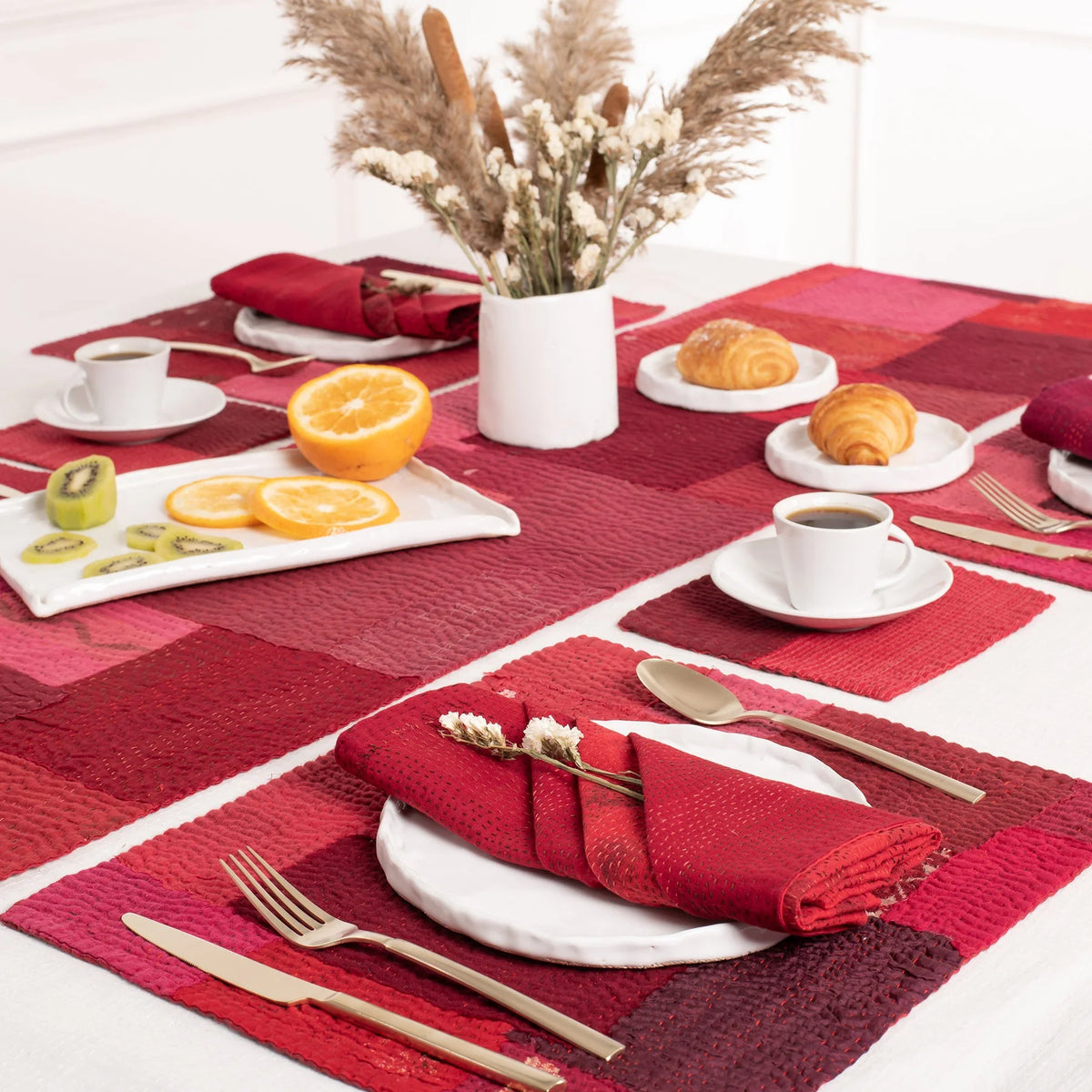 Landscape Handmade Kantha Coaster -Red (Set of 2)