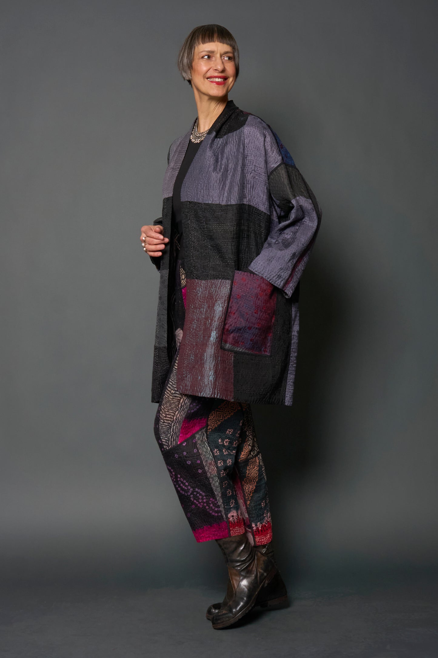 JACQUARD SILK KANTHA HAORI JACKET - js4068-blk -