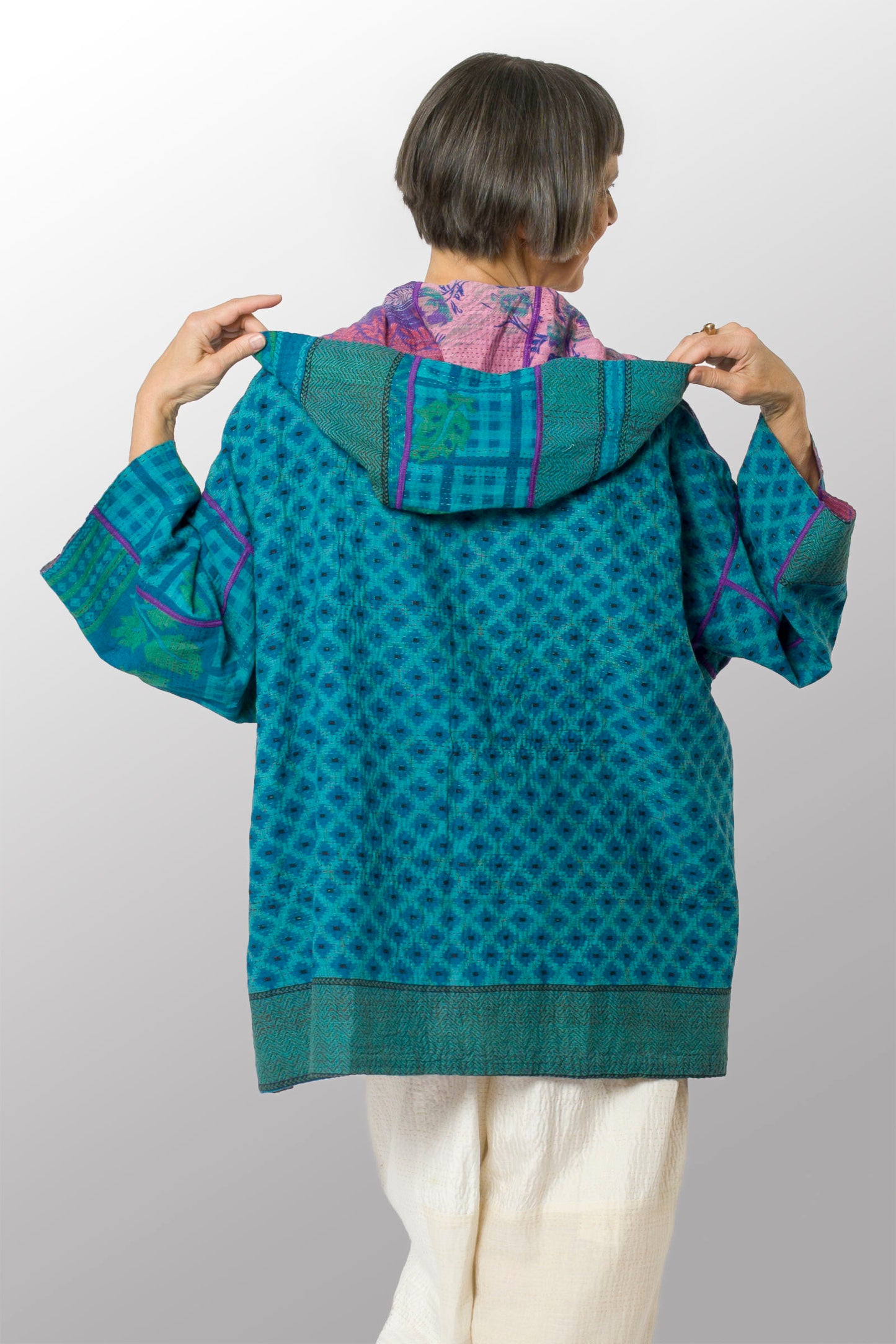 COTTON OVERDYE KANTHA HOODIE PONCHO - ov2064-ctel001a -
