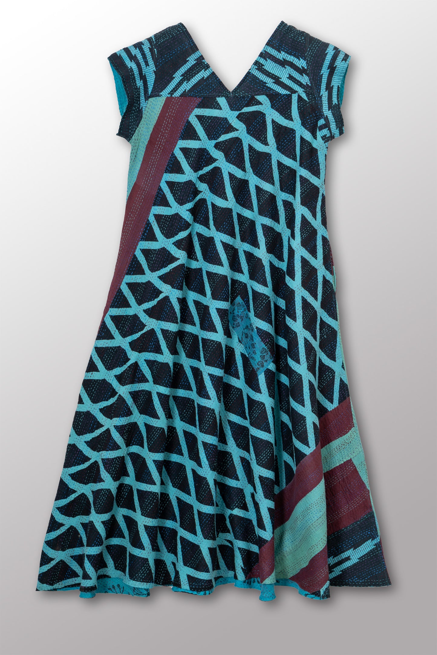 VINTAGE COTTON & NEW VOILE KANTHA CAP SLV. FLARE DRESS - cn2425-0008s -