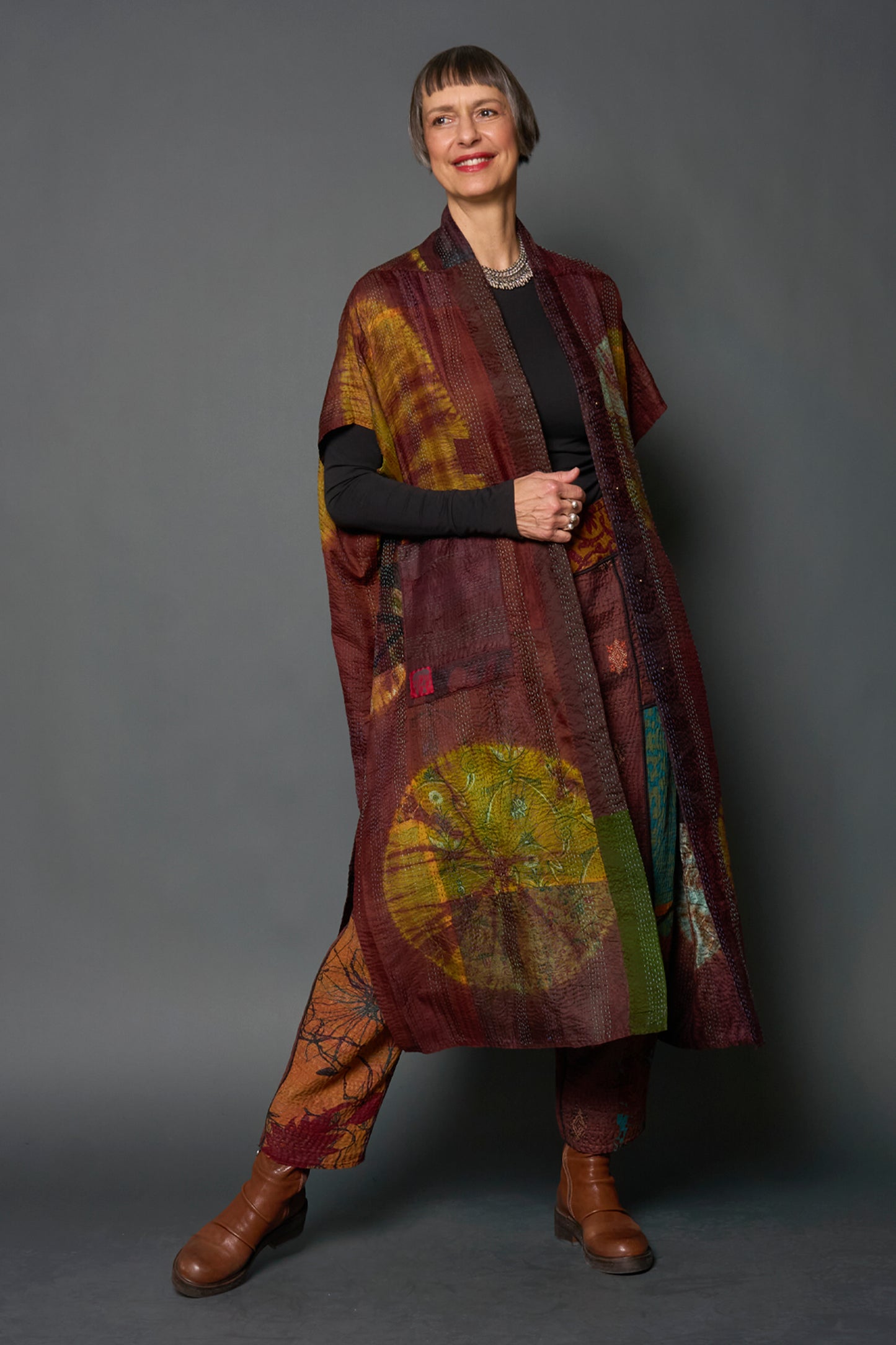 JACQUARD SILK PATCH TIE DYE CIRCLE SHIBORI KANTHA PONCHO DRESS - wj2443-grn -