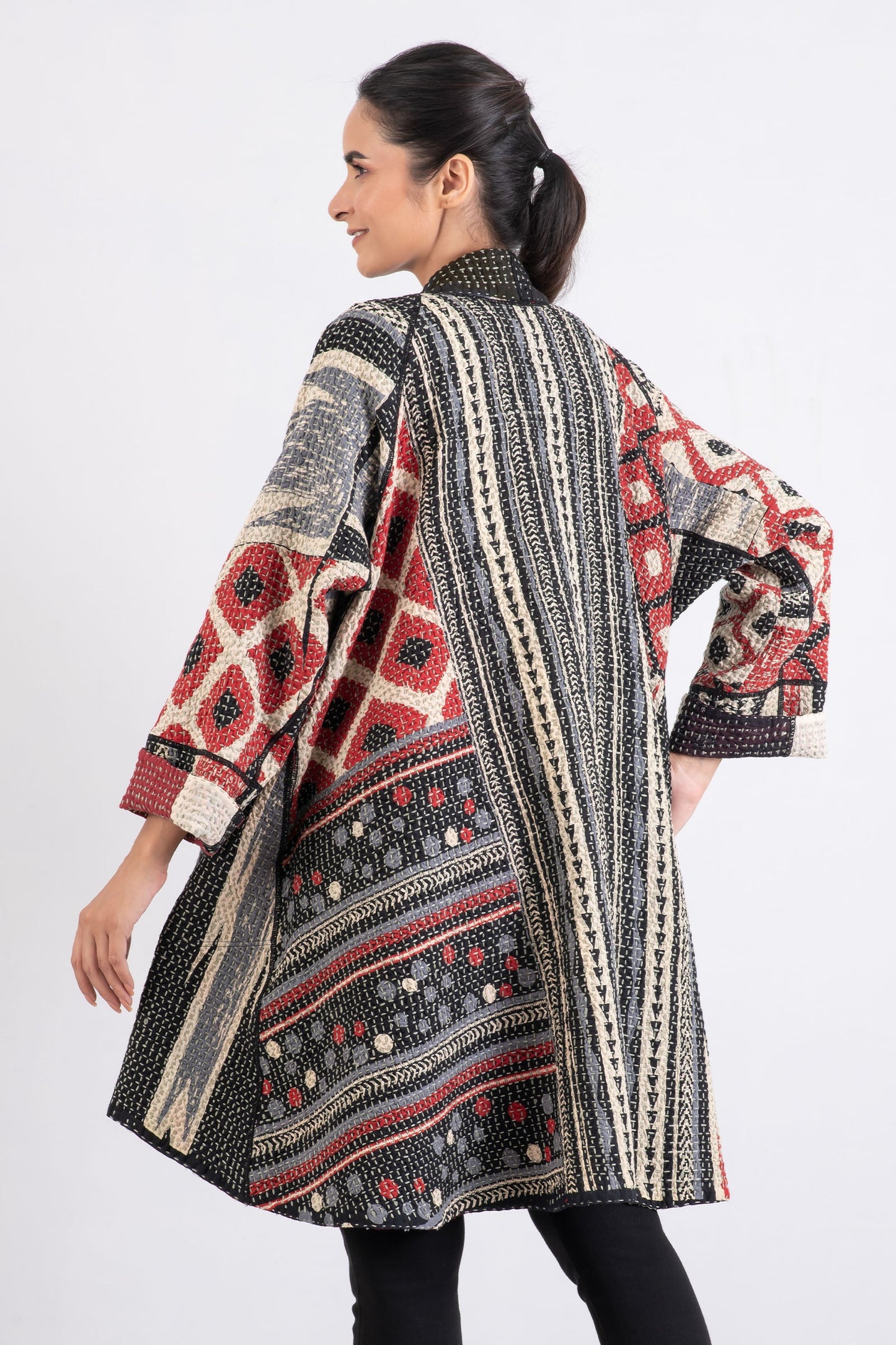 WAFFLE IKAT KANTHA KIMONO LONG JACKET - wi3005-red -