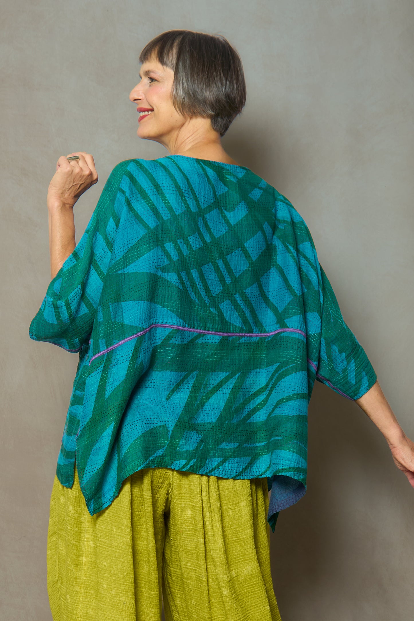 MARIGOLD PRINT WITH OVERDYE KANTHA BOAT NECK DOLMAN TOP - ov-mg2t100-tuq -