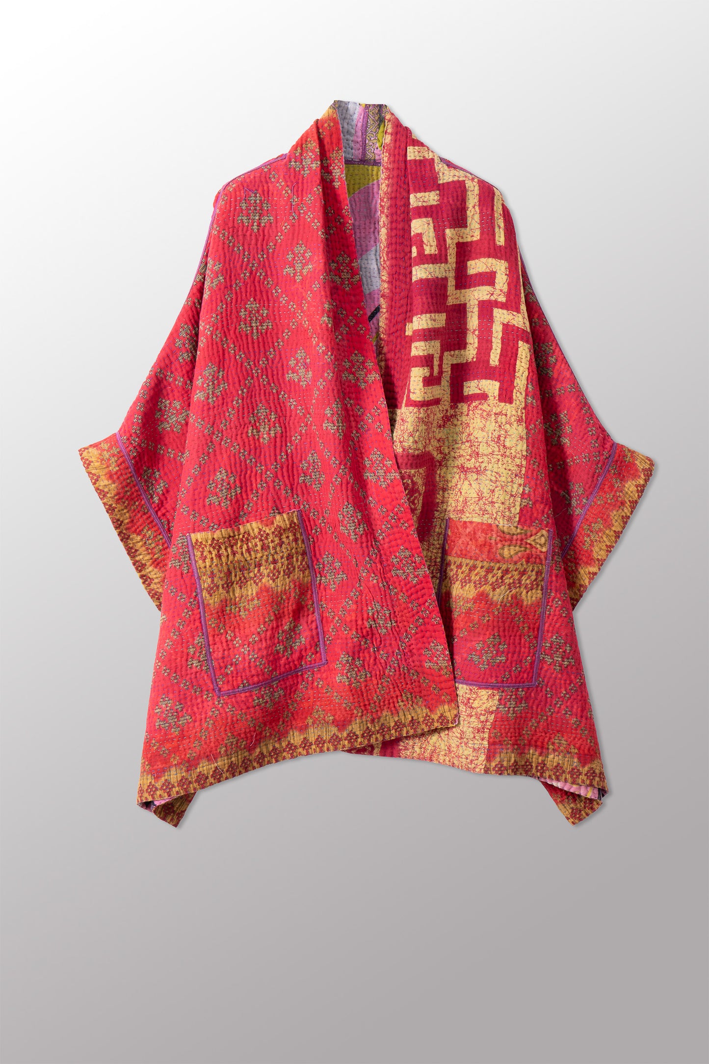 VINTAGE COTTON KANTHA DOUBLE COLLAR PONCHO - cv4323-0048a -
