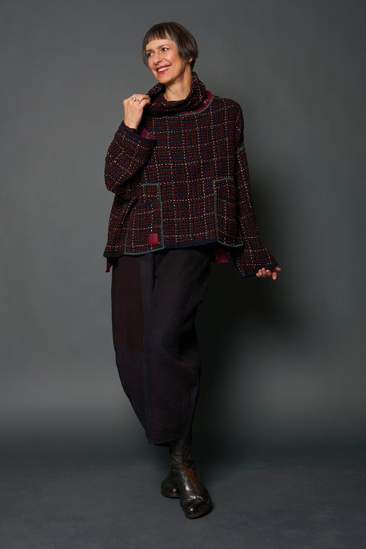 WOOL WAFFLE KANTHA NEW COWL NECK PONCHO - ww3083-red -