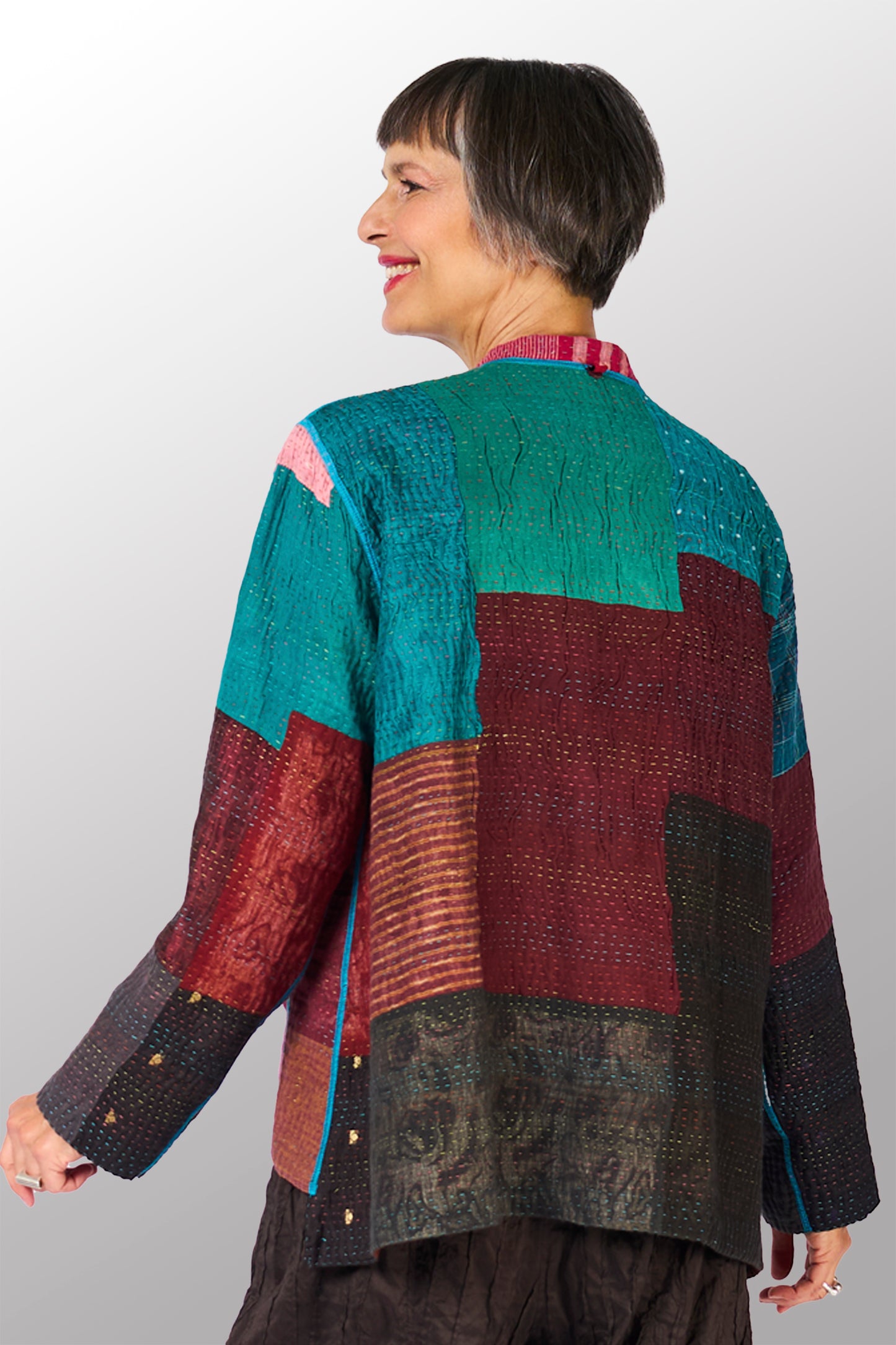BAGH PRINT KANTHA KAFTAN JACKET SHORT - bg4088-brn -