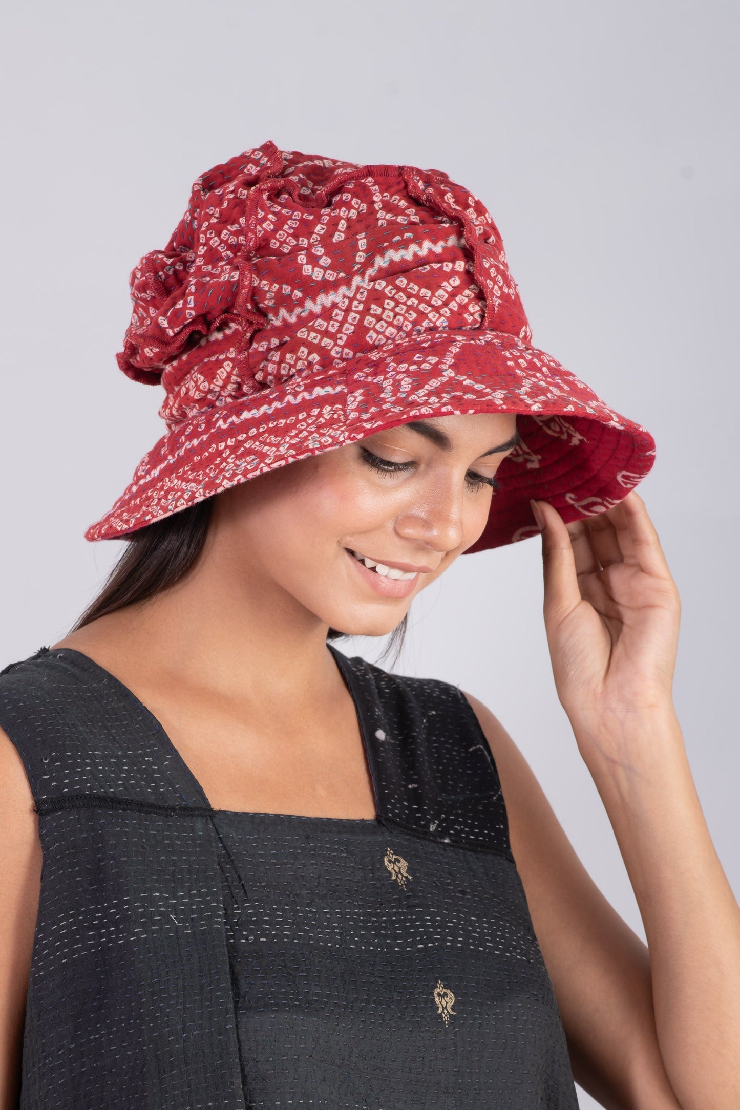 VINTAGE COTTON KANTHA FULL BRIM HAT - cv4889-red -