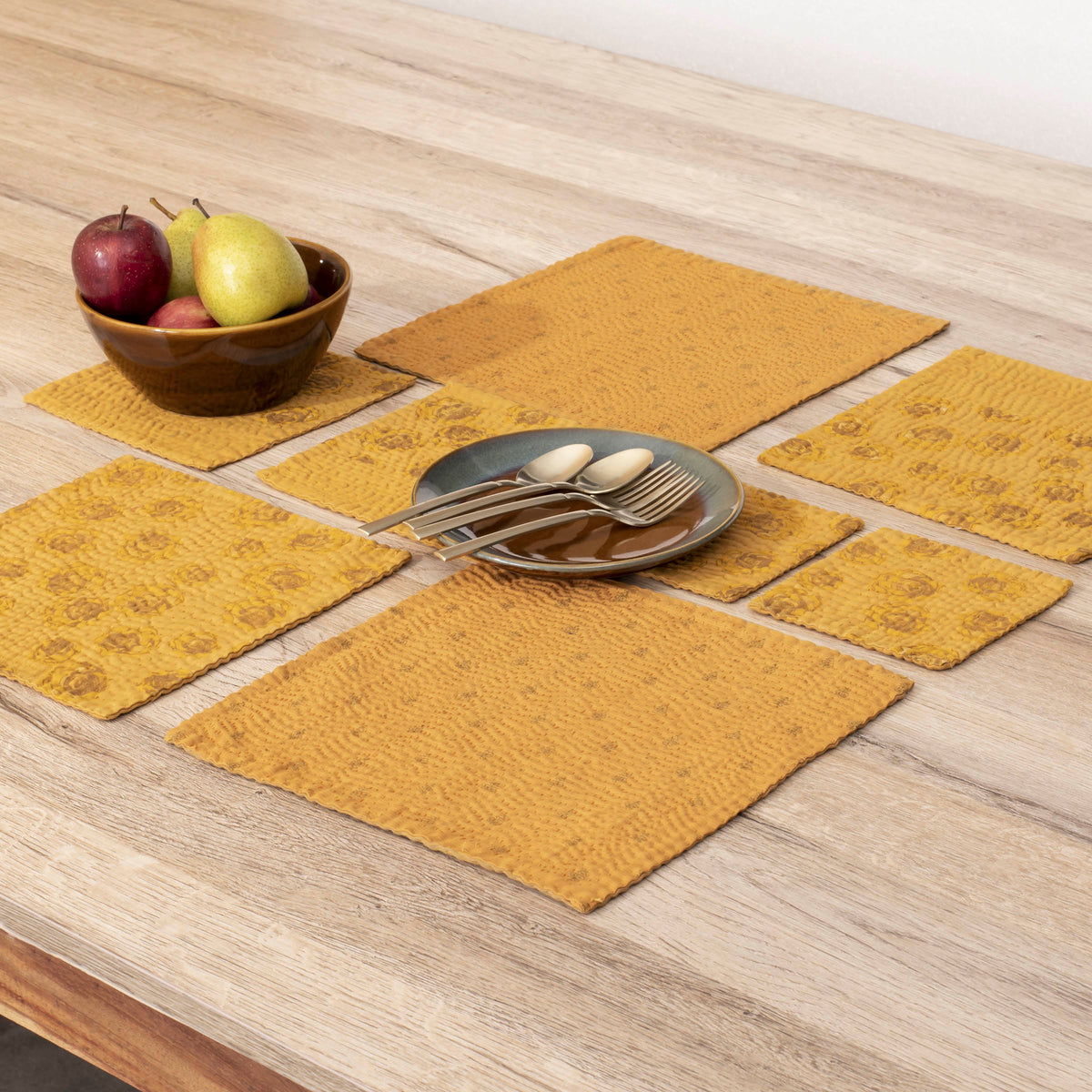 Printed Fray Handmade Kantha Coasters -Golden (Set of 2)