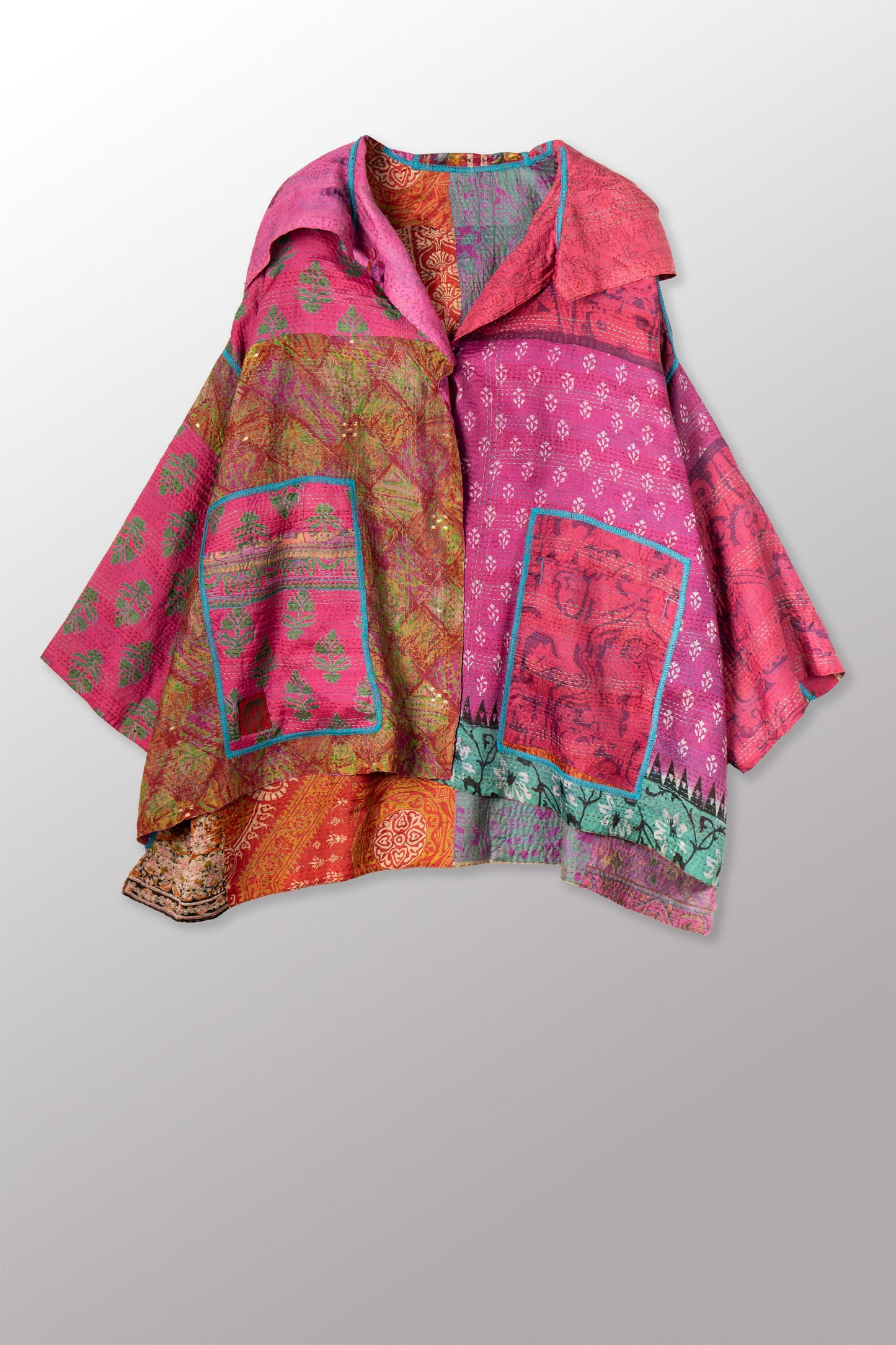 VINTAGE SILK KANTHA HOODIE PONCHO - sv2064-0002a -
