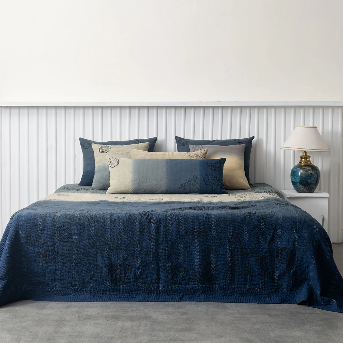 Vintage Fray Patch & Ombre Kantha Bedcover -Navy -