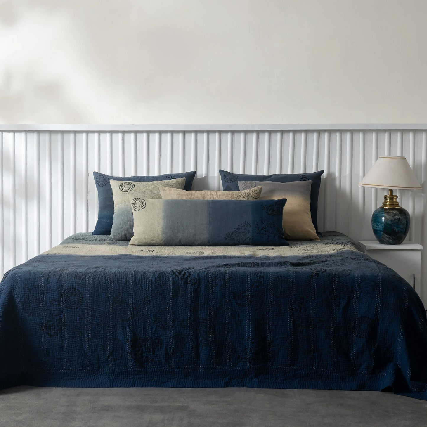 Vintage Fray Patch & Ombre Kantha Bedcover -Navy -
