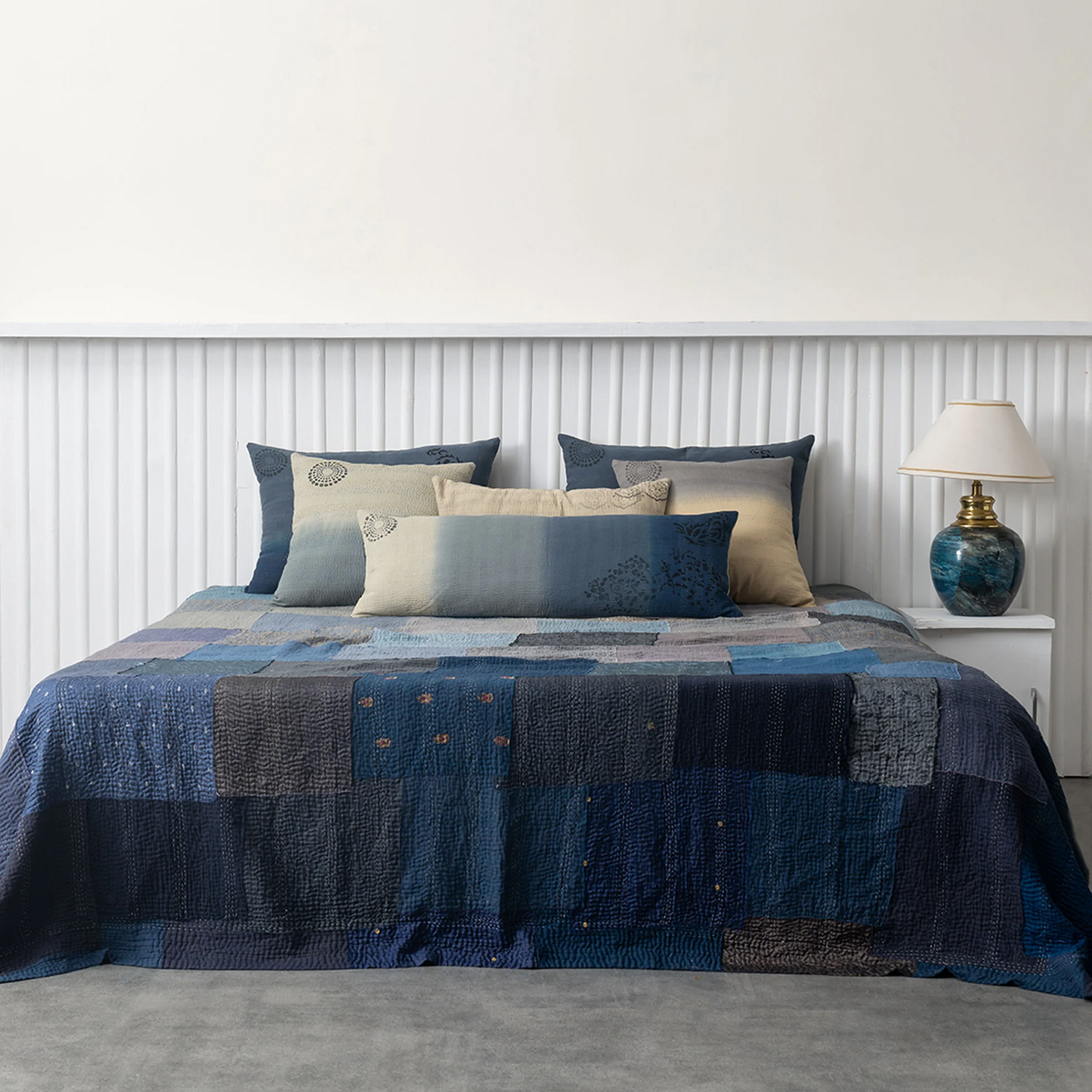 Vintage Fray Patch & Ombre Kantha Bedcover -Navy -