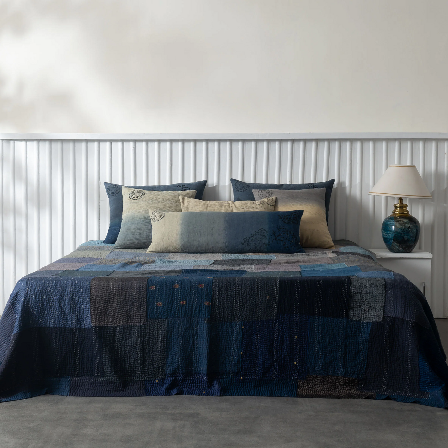 Vintage Fray Patch & Ombre Kantha Bedcover -Navy -