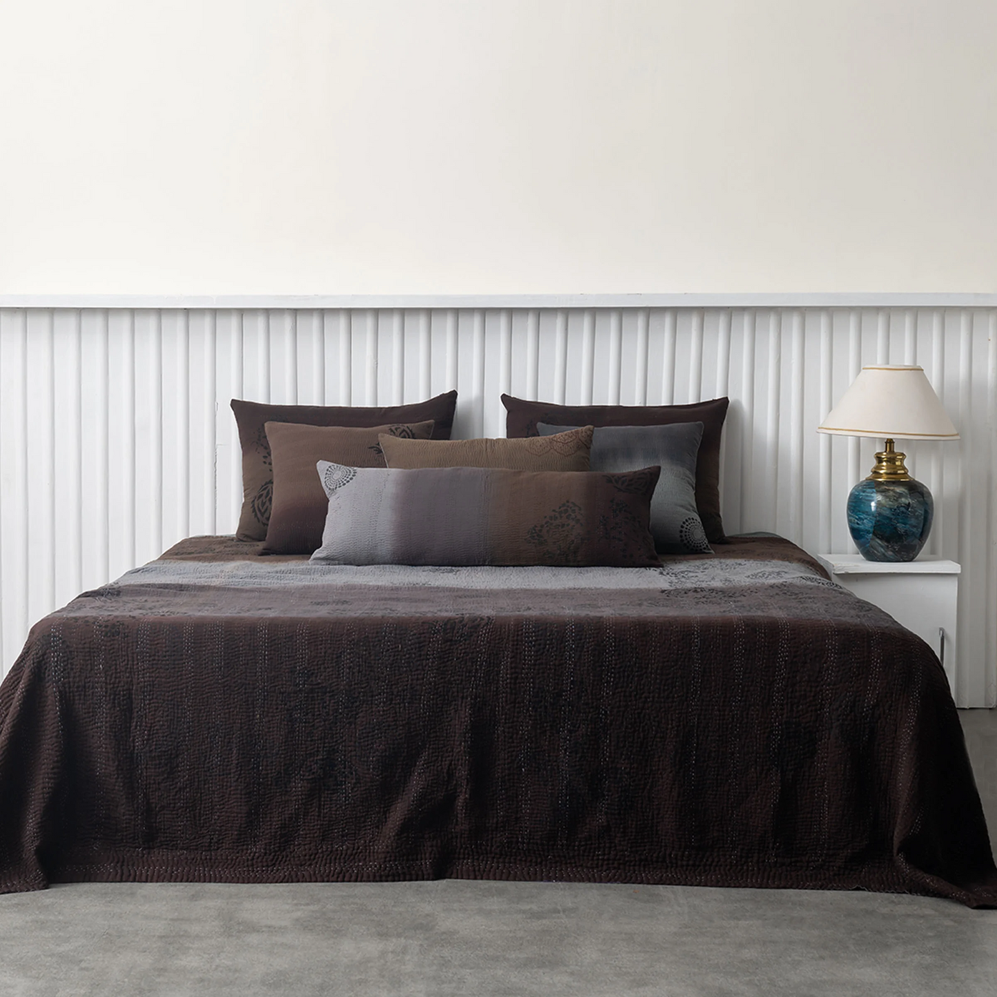 Vintage Fray Patch & Ombre Kantha Bedcover -Chocolate -