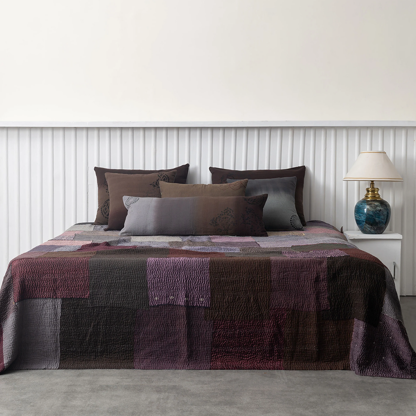 Vintage Fray Patch & Ombre Kantha Bedcover -Chocolate -