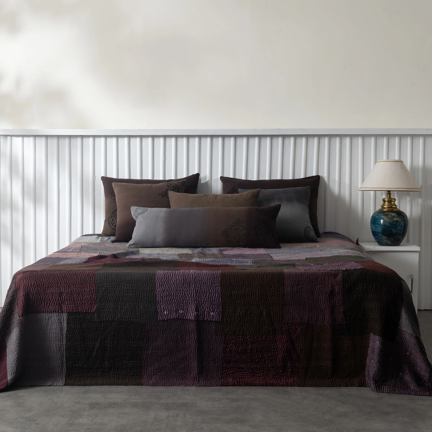 Vintage Fray Patch & Ombre Kantha Bedcover -Chocolate -