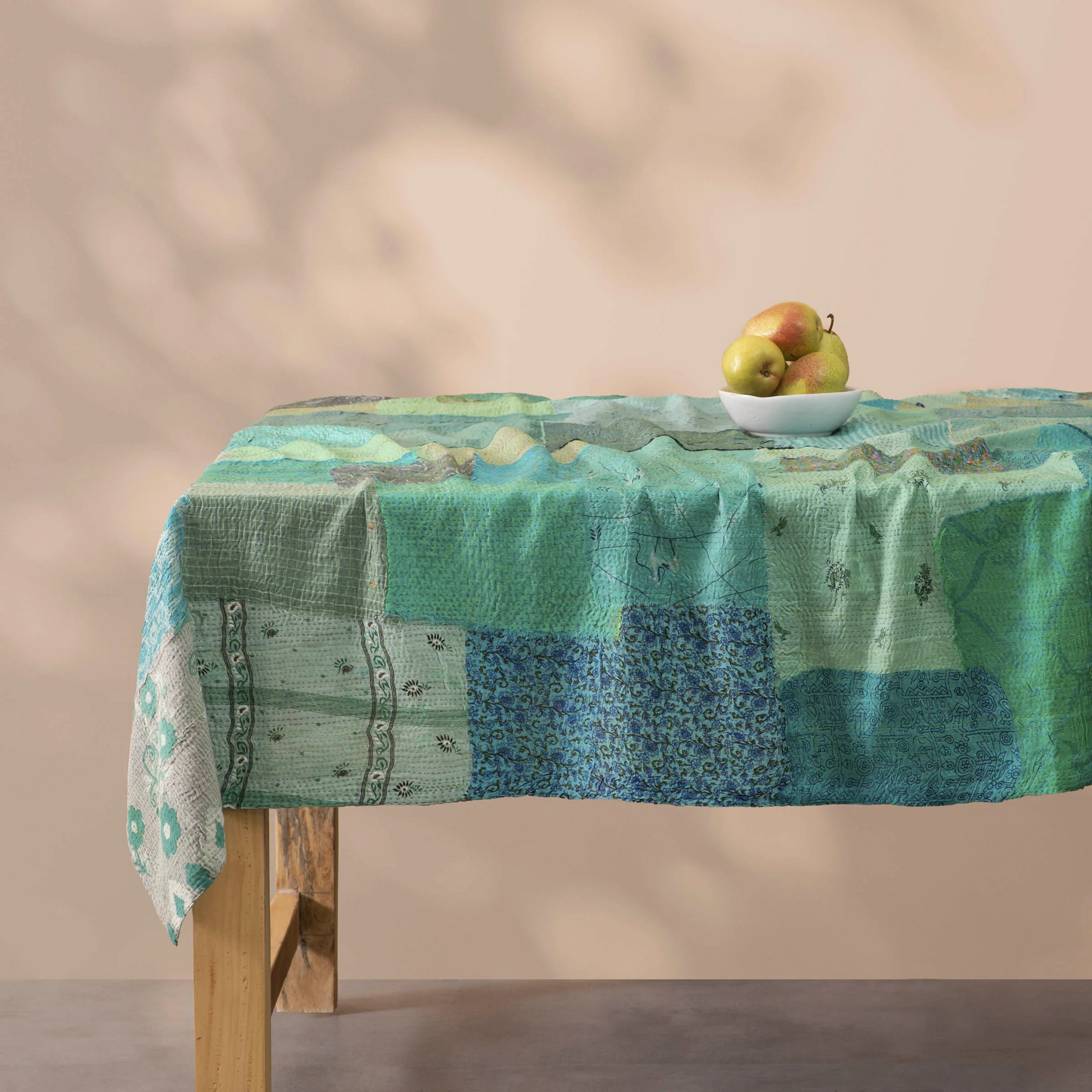 Printed Fray Vintage Cotton Kantha Table Cover -Sage-