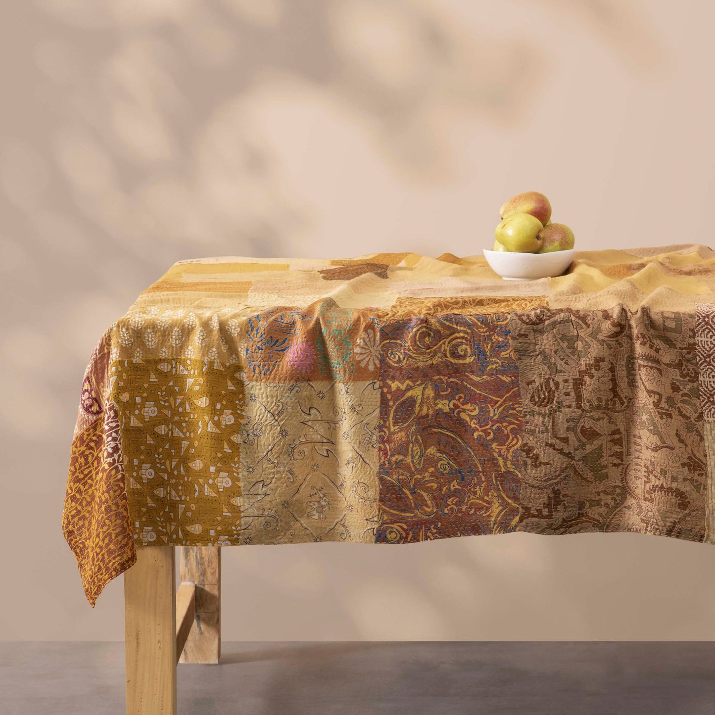 Printed Fray Vintage Cotton Kantha Table Cover -Golden-