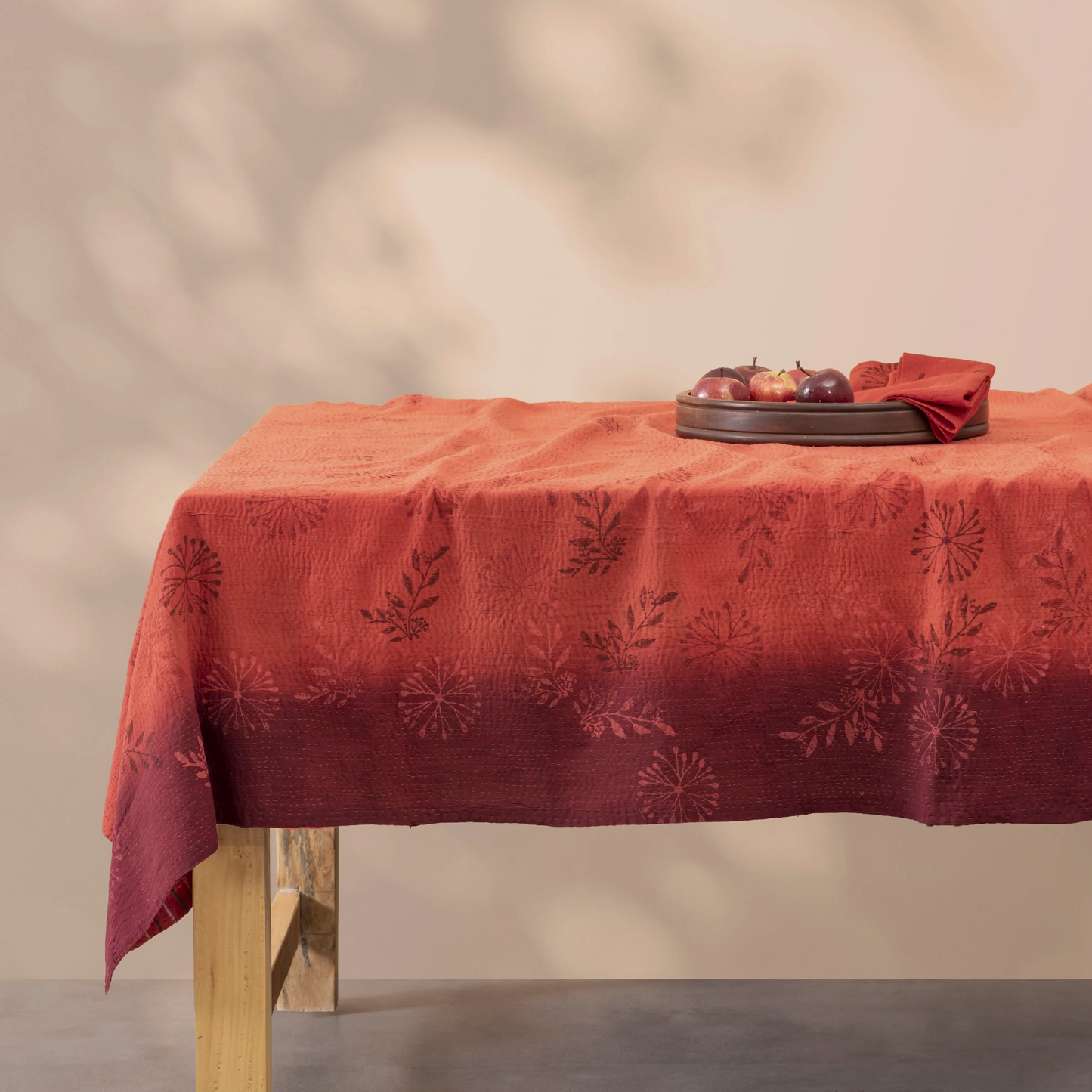 Vintage Fray Patch & Ombre Kantha Table Cover -Carrot -