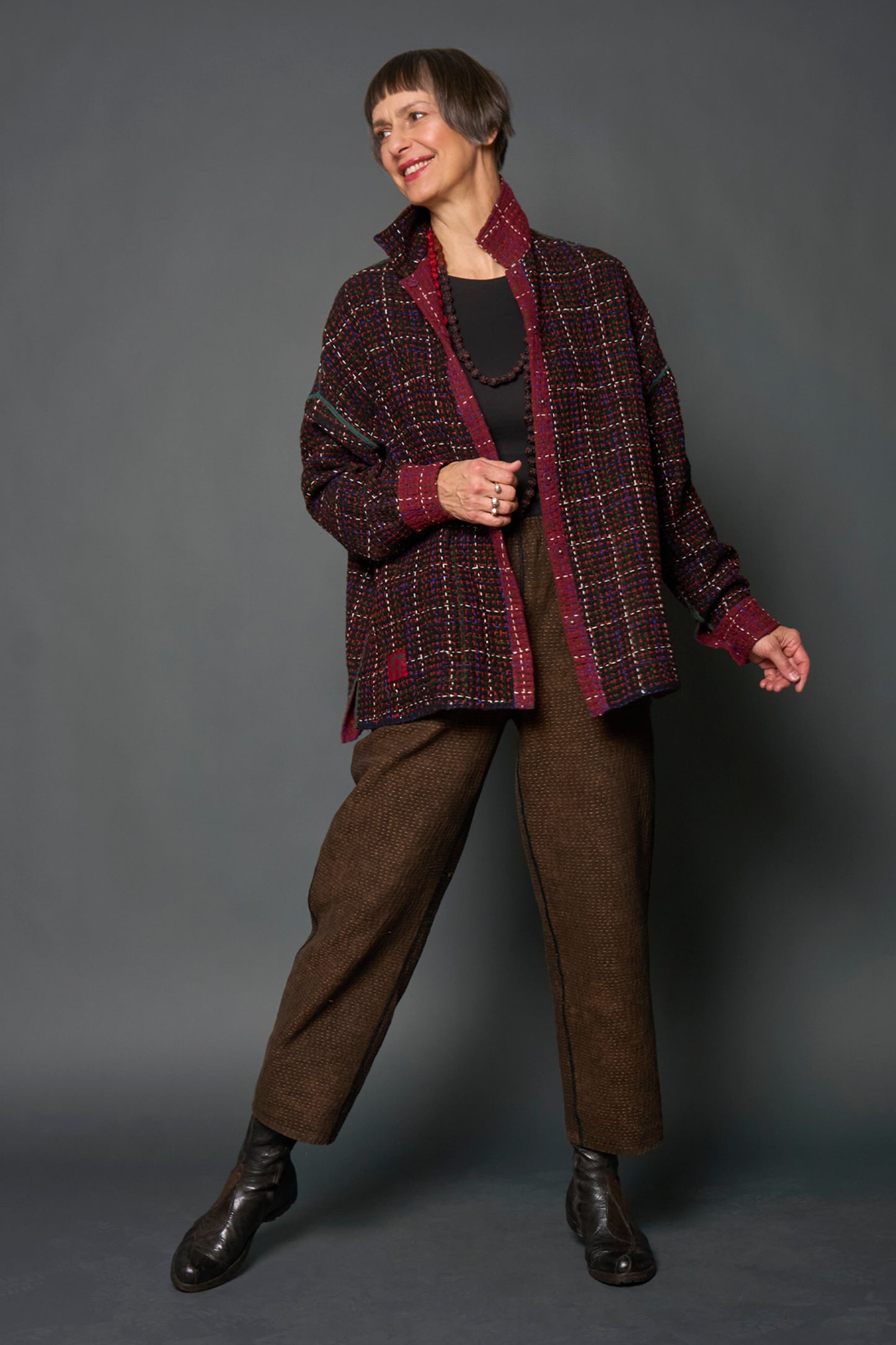 WOOL WAFFLE KANTHA RELAXED SHIRT JACKET - ww3j105-red -