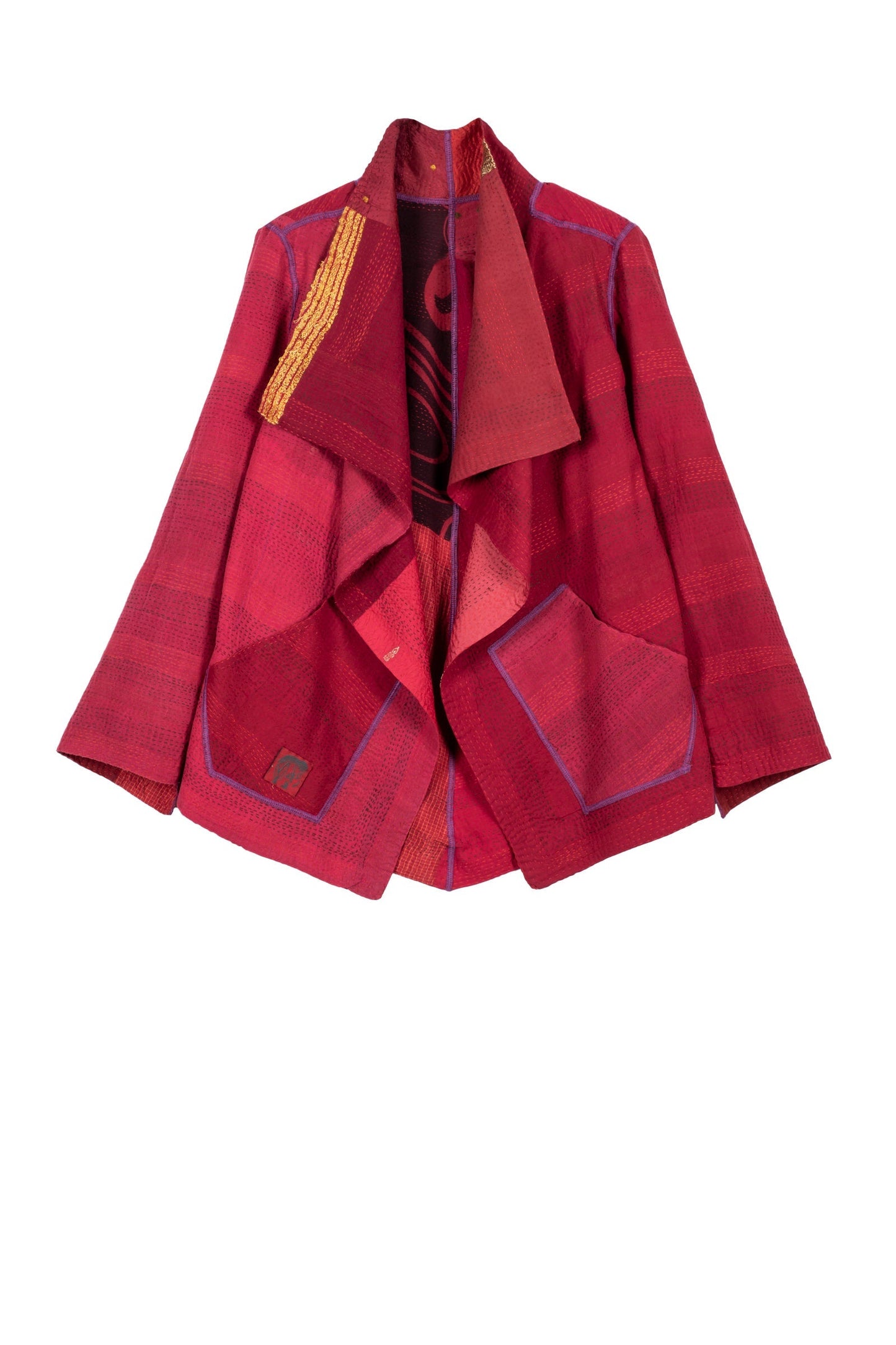 COTTON SILK SW PATCH KANTHA WING COLLAR JACKET - ws2013-red -