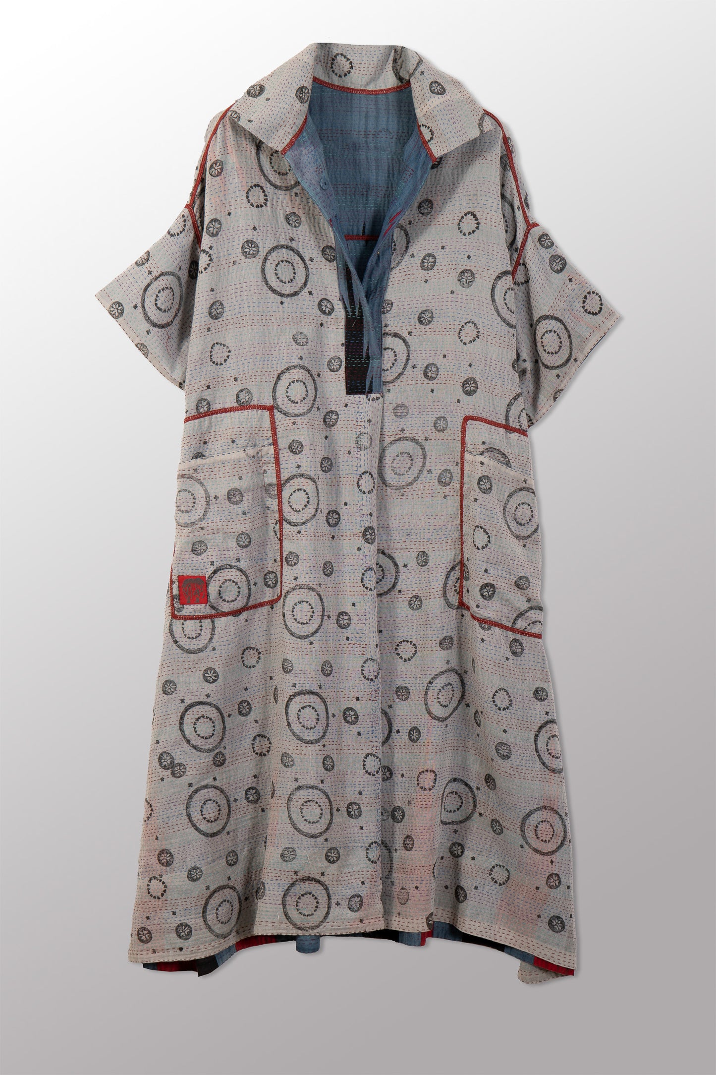 VINTAGE COTTON & NEW VOILE KANTHA WING COLLAR DRESS - cn2454-0002a -
