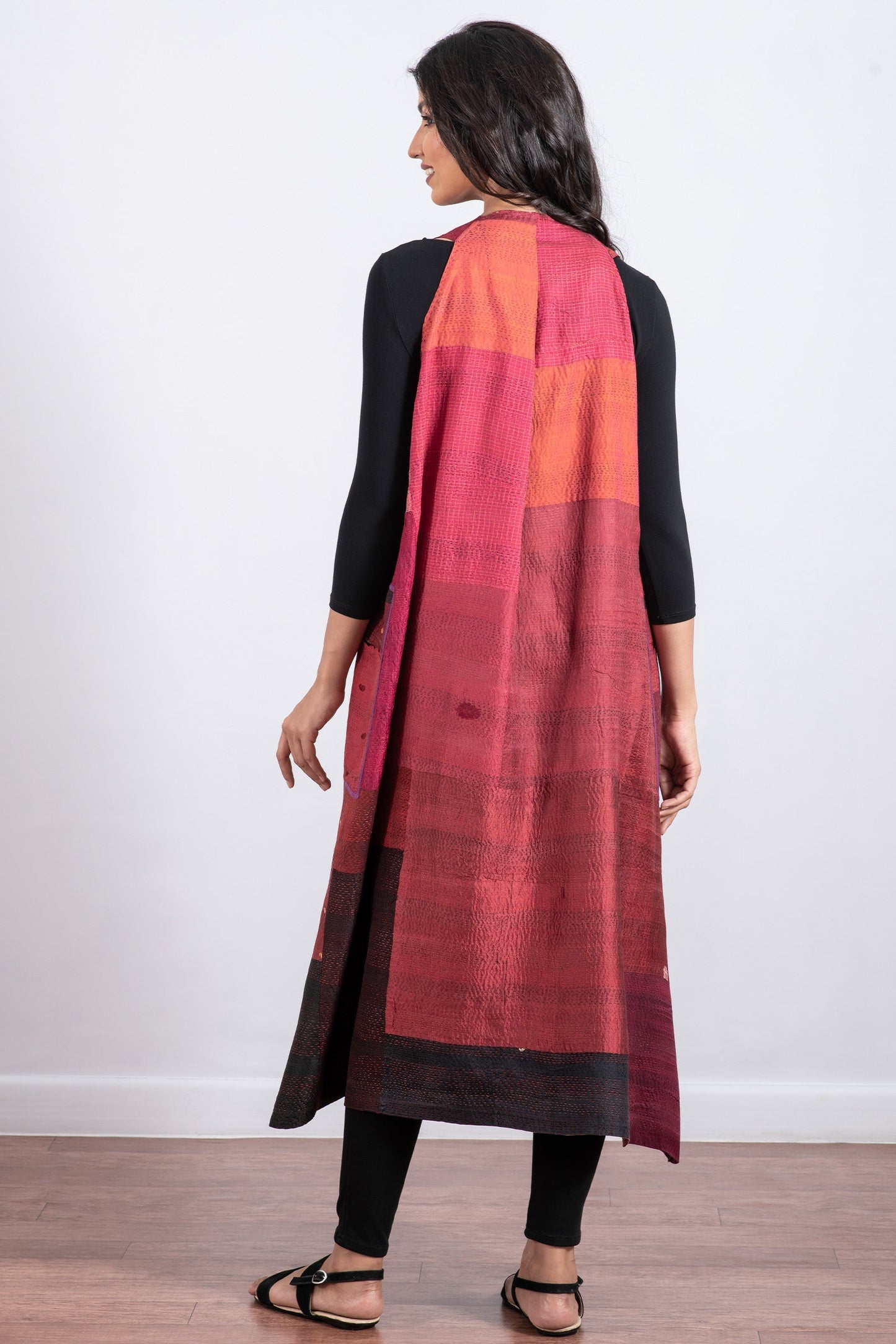 VINTAGE SILK PATCH KANTHA BACK PLEATED VEST MAXI - vp2222-red -