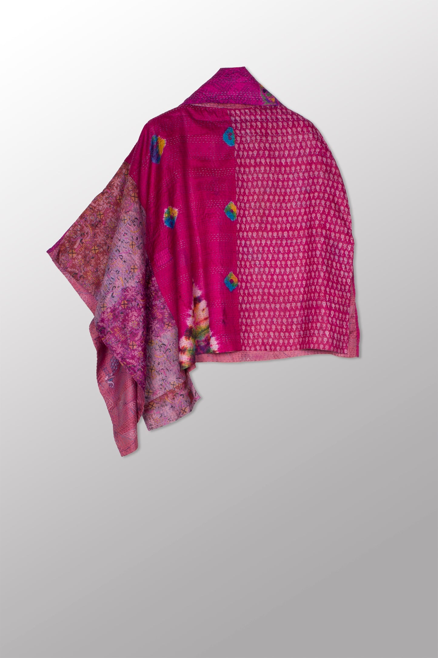 VINTAGE SILK KANTHA COWL NECK LONG CAPE - sv2842-mlt -