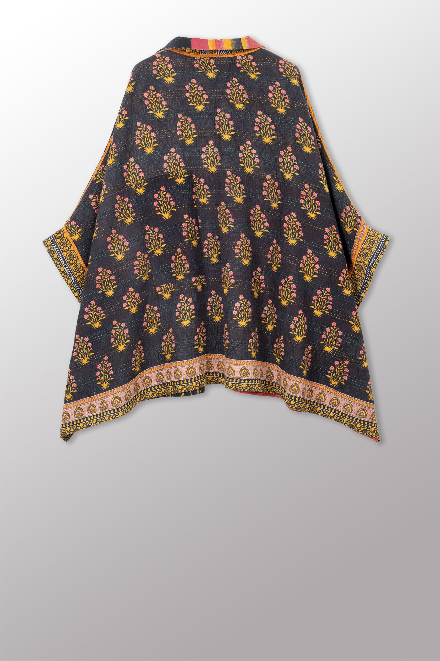 VINTAGE COTTON KANTHA DOUBLE COLLAR PONCHO - cv4323-0063a -