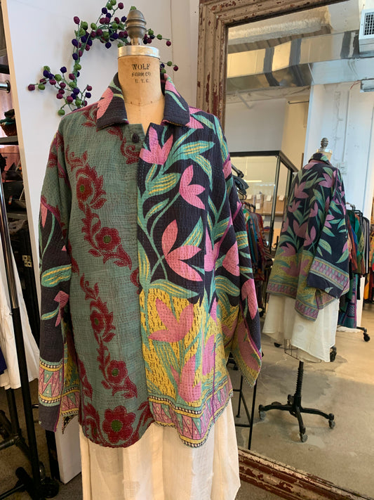 VINTAGE COTTON KANTHA OVERSIZED MINI COAT - cv4332-0045a -