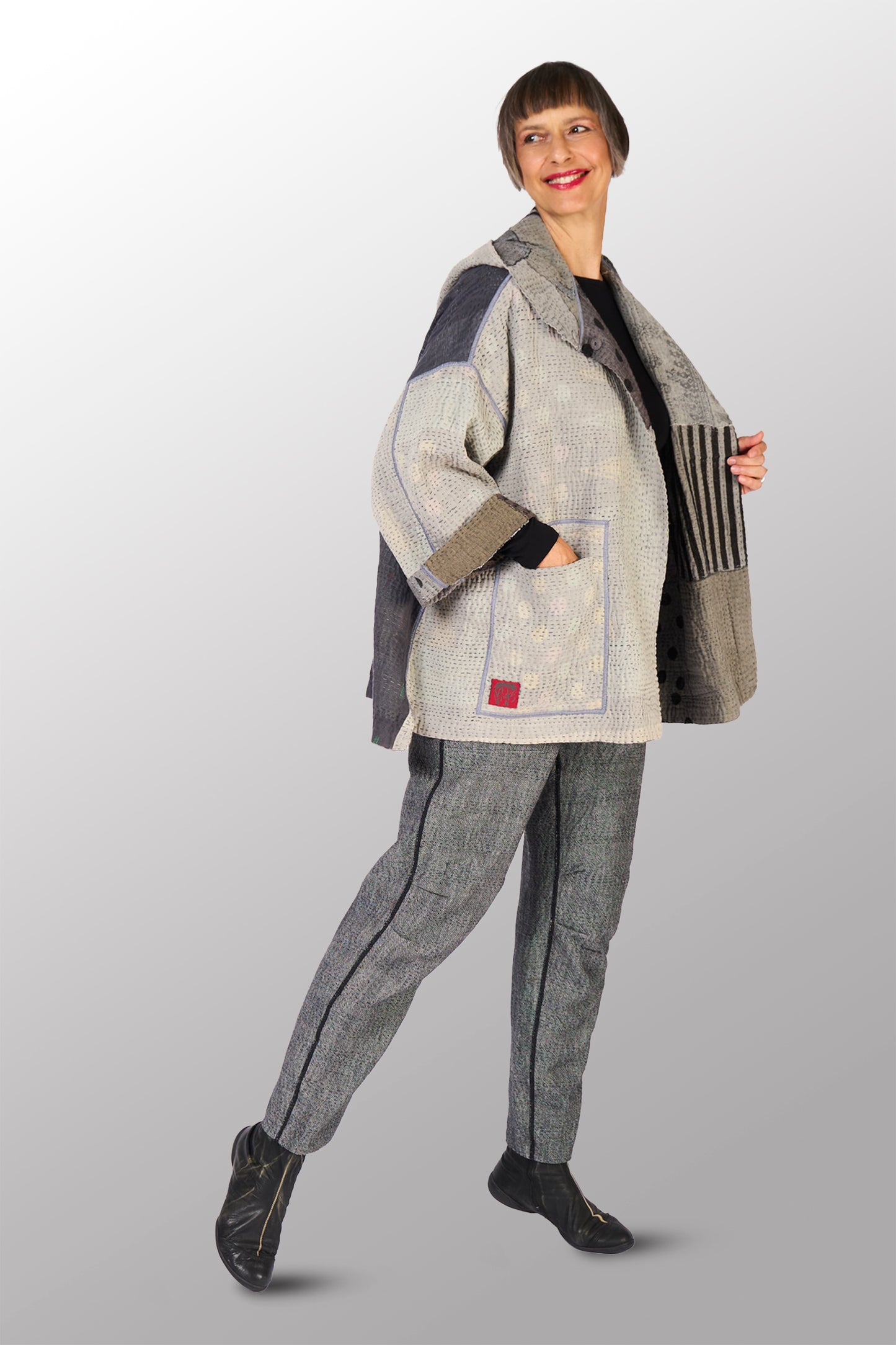 FRAYED PATCH KANTHA WITH STAMP HOODIE PONCHO - sp-fi4064-gry -