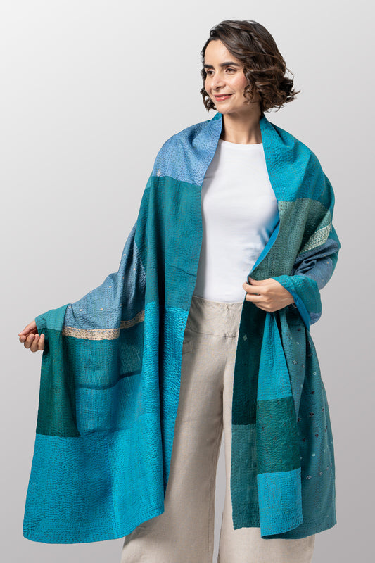 COTTON SILK SW PATCH KANTHA SHAWL LARGE - ws2803-tuq -