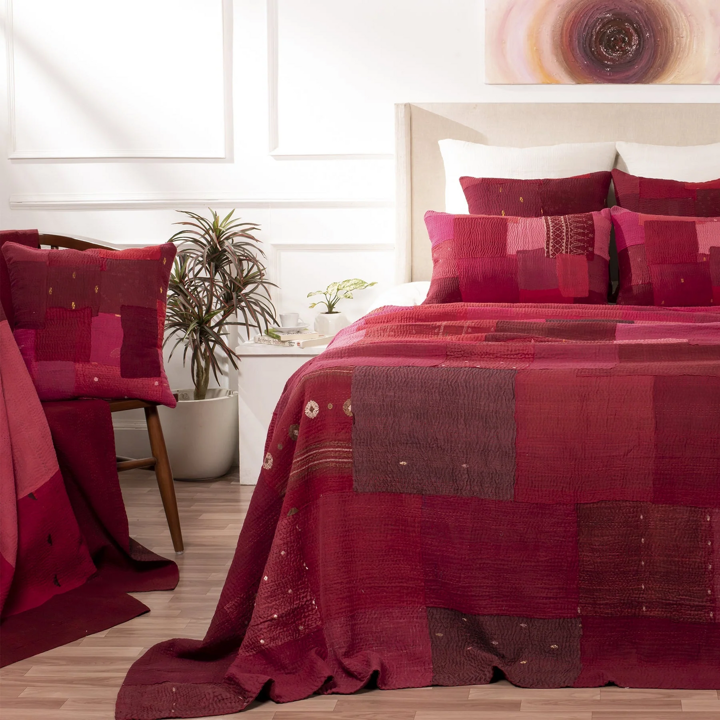 Landscape Handmade Vintage Kantha Bedcover -Red -