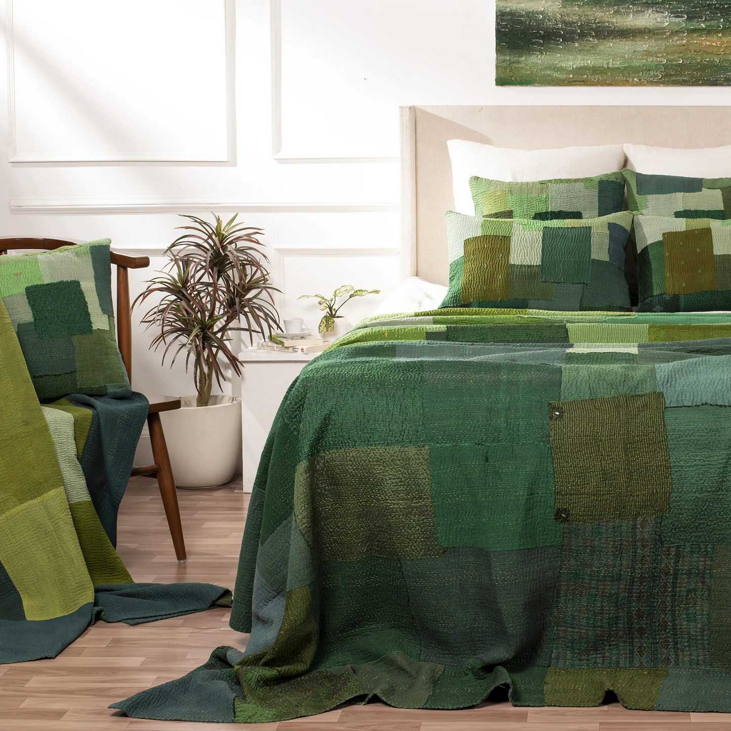 Landscape Handmade Vintage Kantha Bedcover -Green -