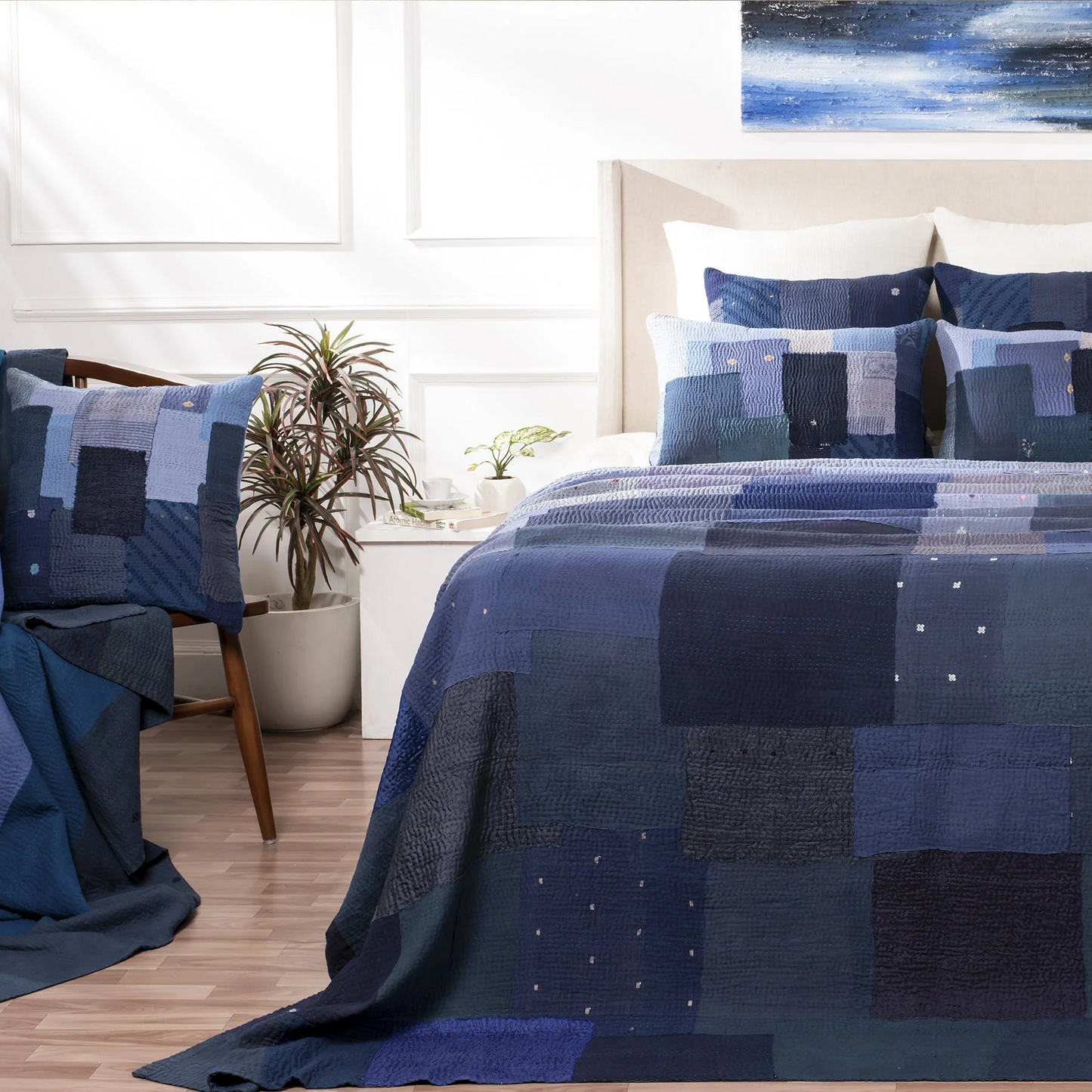 Landscape Handmade Vintage Kantha Bedcover -Navy -