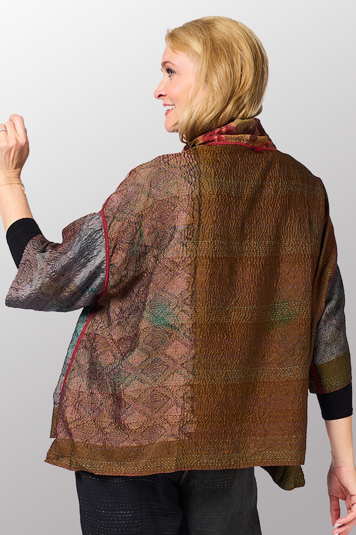GEORGETTE JACQUARD VINTAGE SILK PATCH KANTHA COWL NECK PONCHO - gj2061-0002a -