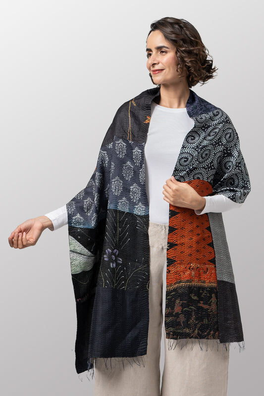 VINTAGE SILK PATCH KANTHA SCARF STANDARD - vp2801-blk -