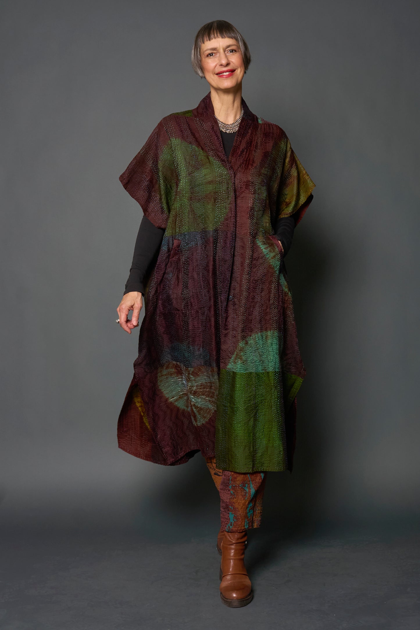 JACQUARD SILK PATCH TIE DYE CIRCLE SHIBORI KANTHA PONCHO DRESS - wj2443-grn -