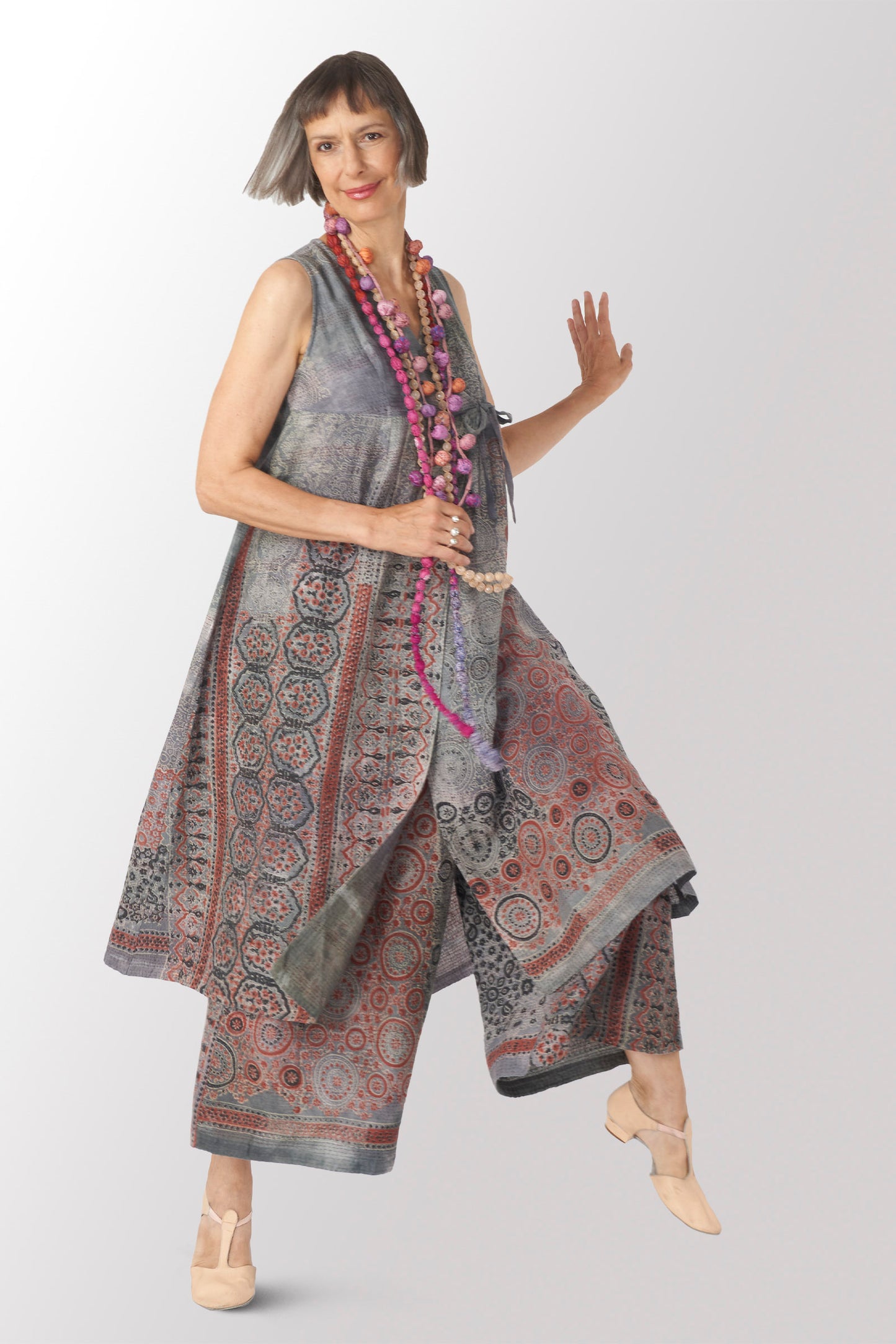 MANHATTAN AJRAKH KANTHA HIGH-WAIST DRESS - mh2447-gry -